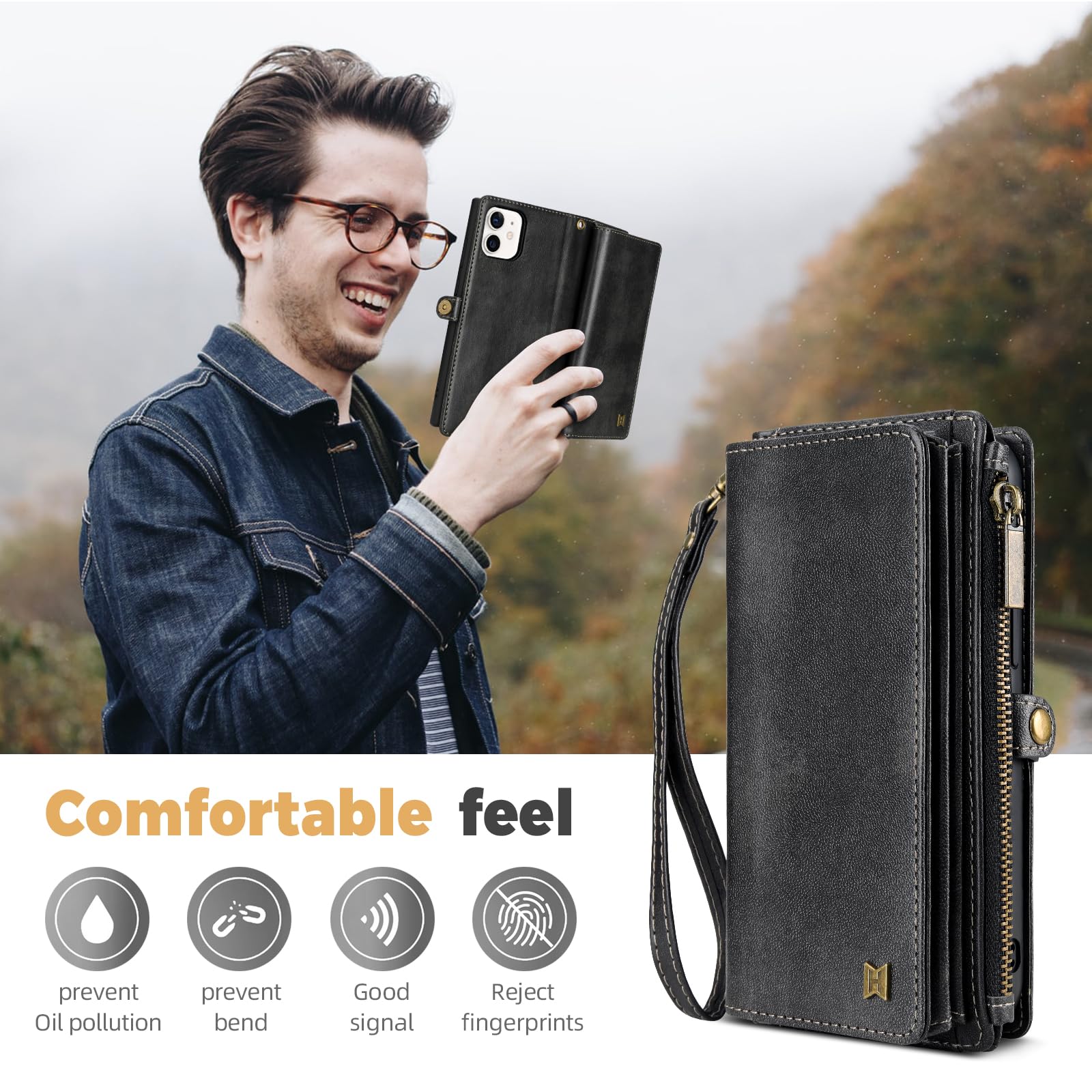 RFID Blocking PU Leather Wallet Case for iPhone 11 - Kickstand Flip Cover with Wrist Strap & Zipper Credit Card Slots - Compatible with Apple iPhone 11 (Black) | Perfect for Travel, Shopping & Everyday Protection