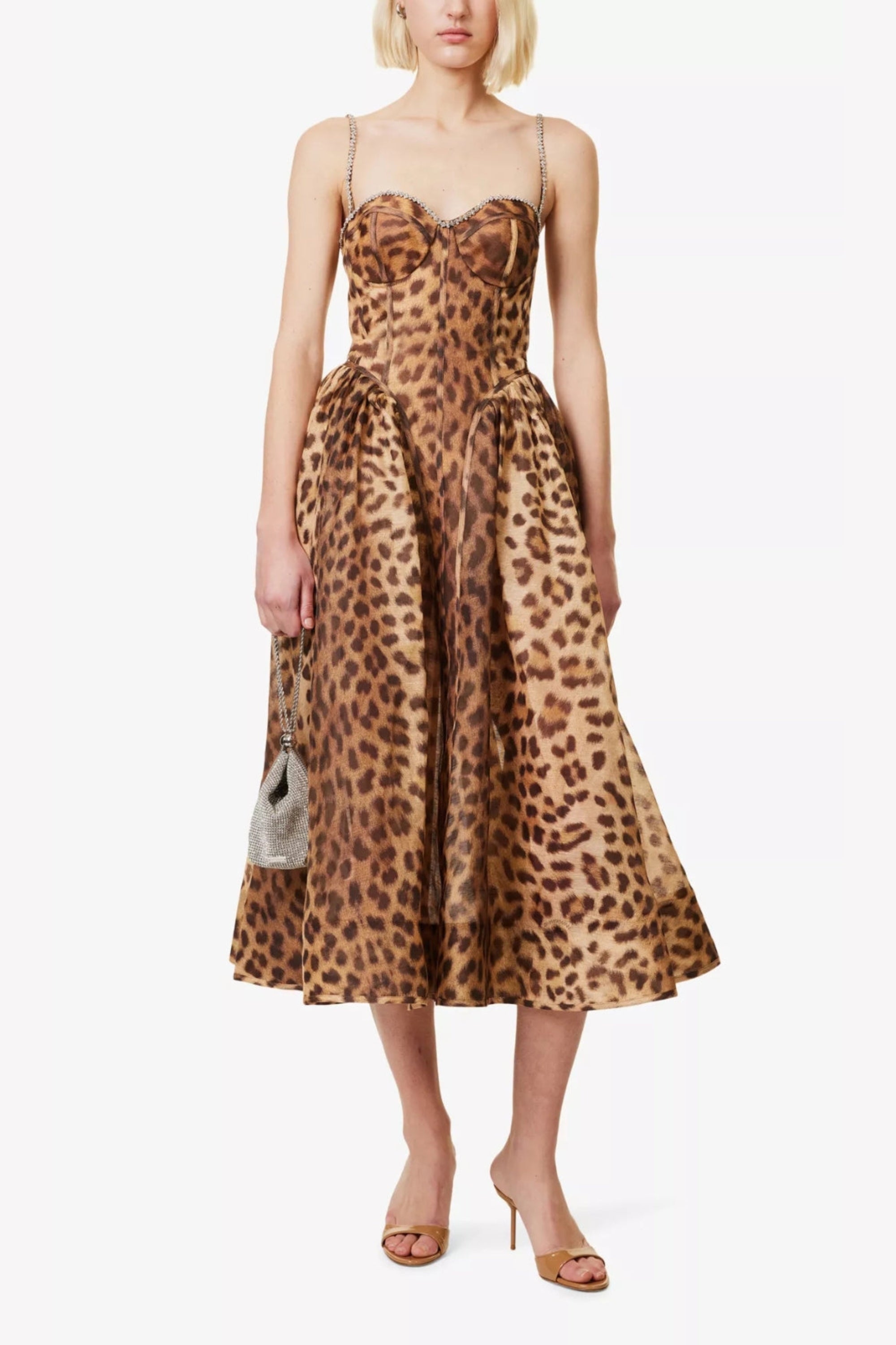 Animal Print Crystal Bustier A Line Midi Dress for Women - Elegant Party & Evening Wear - Perfect for Cocktail Parties, Date Nights & Special Occasions