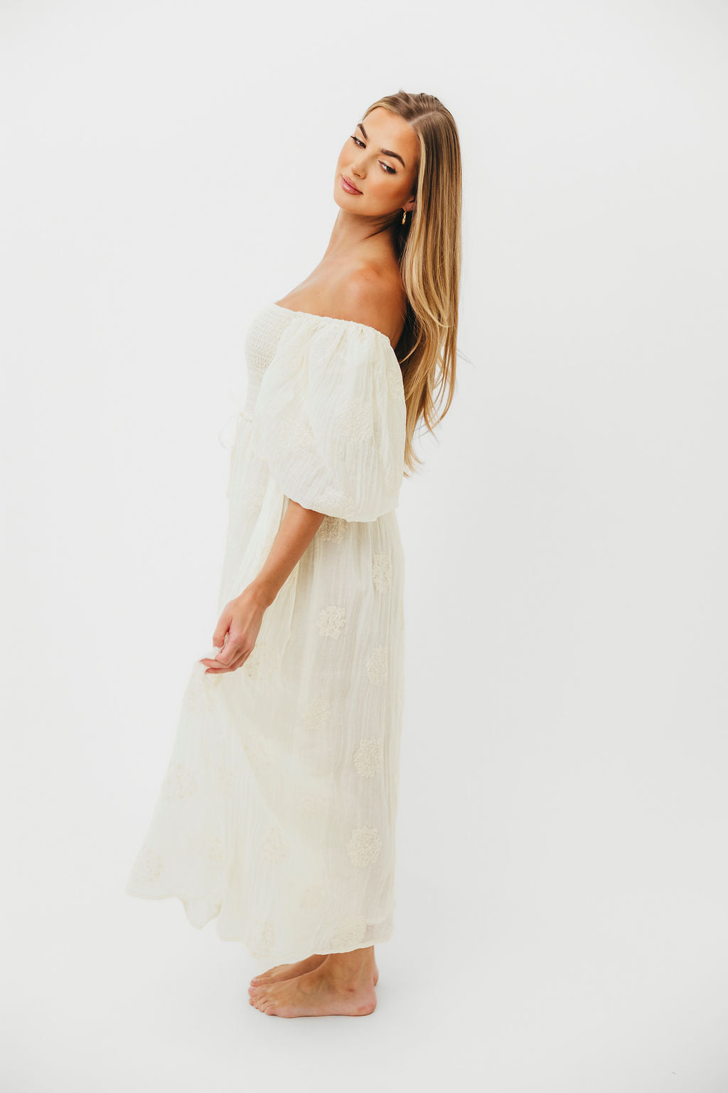 Aimee Women's Smocked Embroidered Floral Midi Dress in Ivory - Elegant Summer Party, Wedding Guest & Church Occasion Outfit