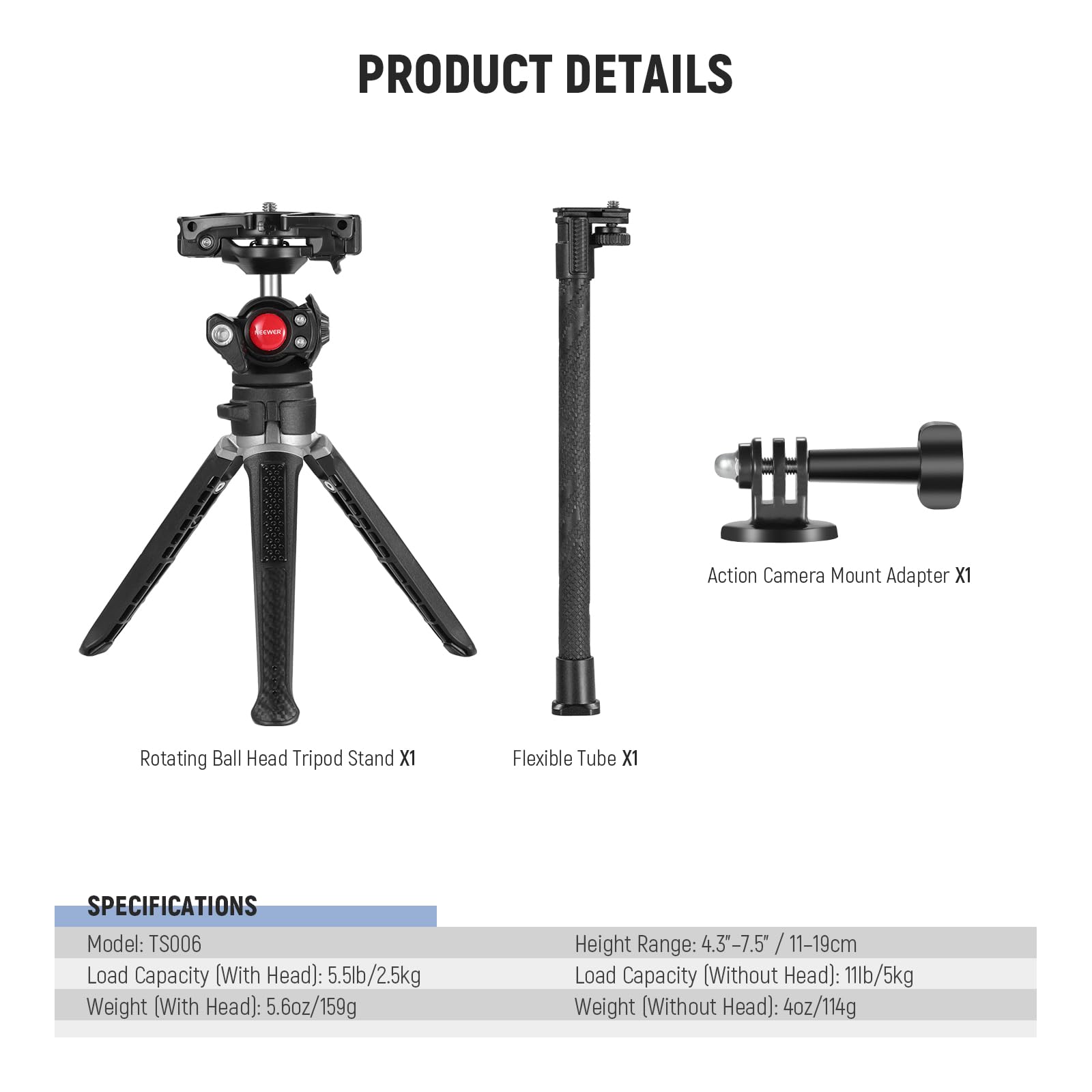 NEEWER TS006 Mini Desktop Tripod Stand - Compact Lightweight Aluminum Alloy Camera Tripod for DSLR Cameras, Smartphones, Webcams, and Vlogging - Perfect for Home Office, YouTube Streaming, Travel Photography & Video Shooting