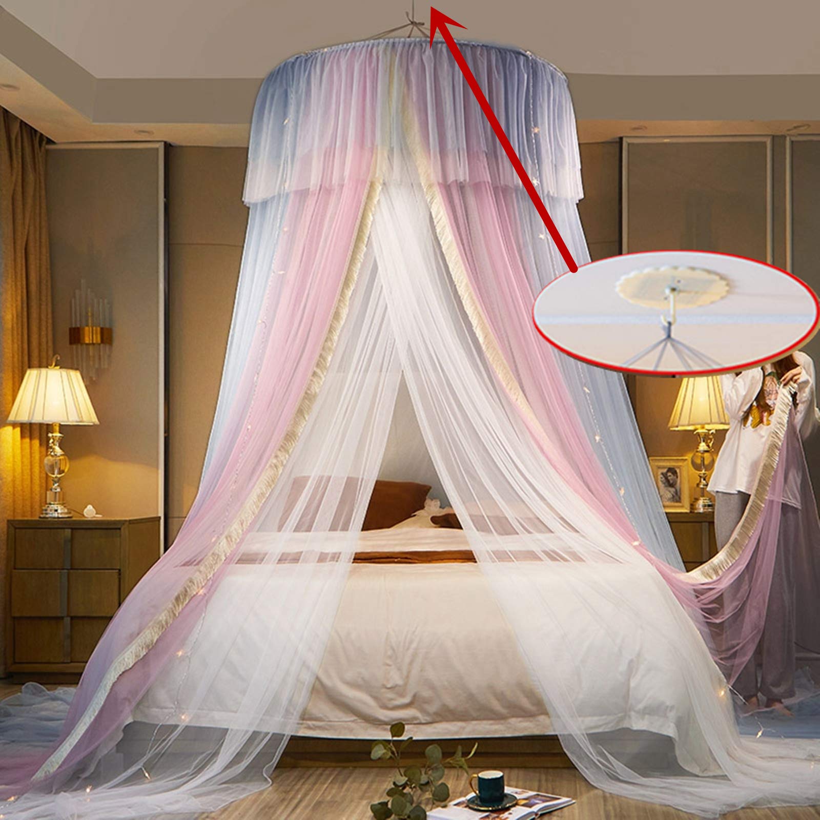 Princess Bed Canopy for Girls - Double Layer Sheer Mesh Dome Bed Curtain with Round Lace, Mosquito Net Tent for Twin Full Queen King Size Beds (Pink/Grey/White) - Perfect for Kids' Bedrooms, Nursery Decor, and Fairy Tale Themed Parties
