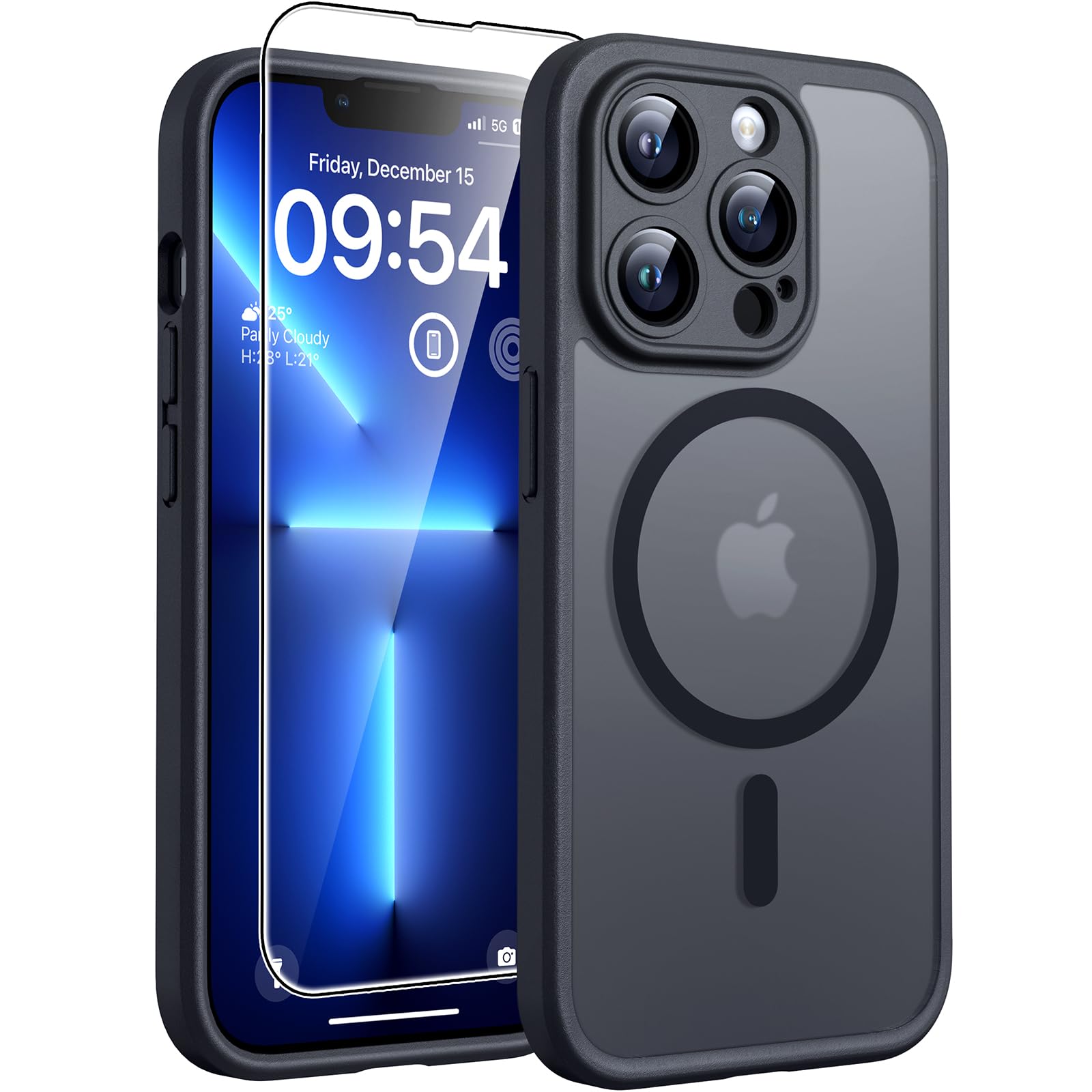TOCOL Magnetic iPhone 13 Pro Case (6.1-Inch) - Upgraded Full Camera Protection, Magsafe Compatible, Drop Resistant, Translucent Matte Bumper Cover (Black) - Perfect for Everyday Use, Travel & Outdoor Activities