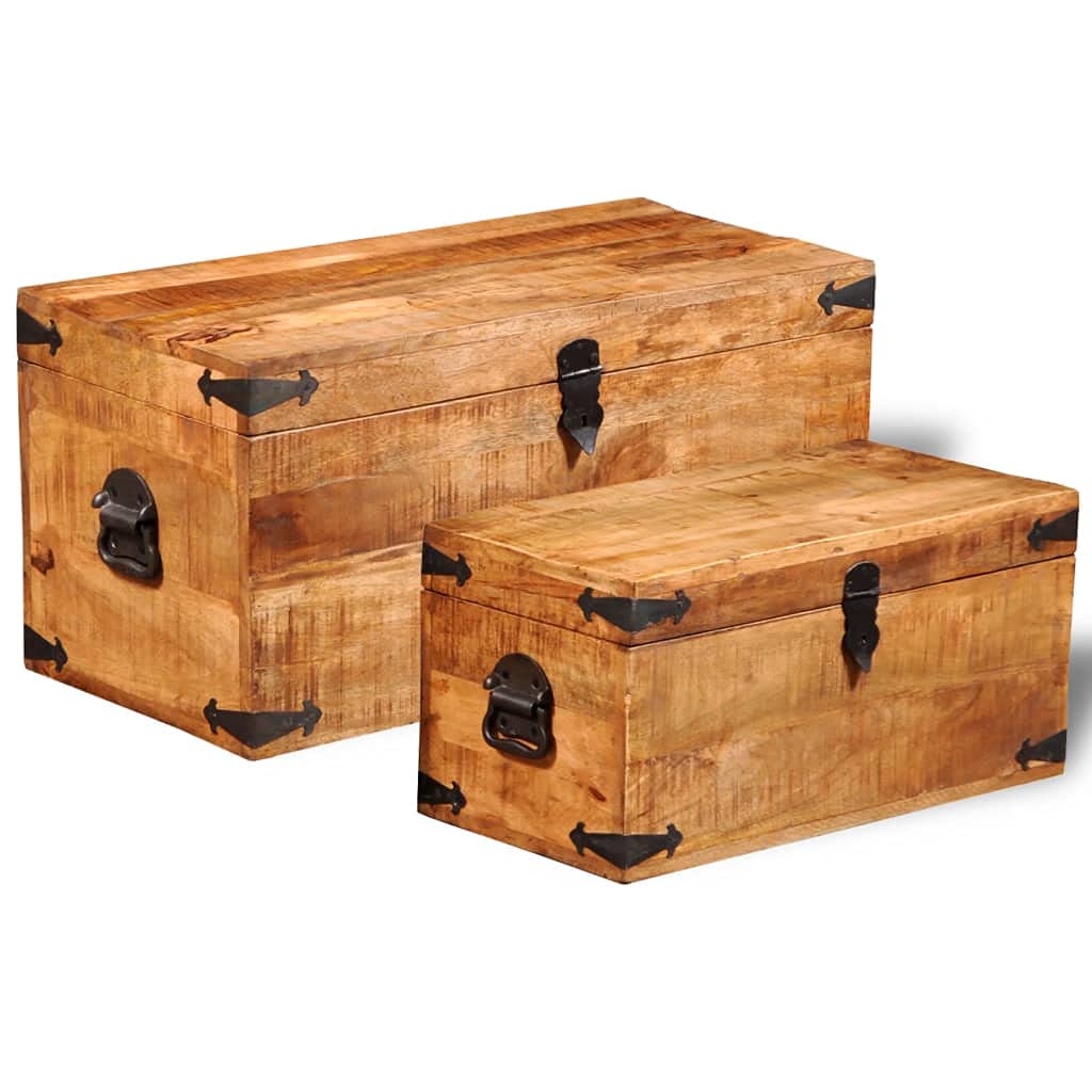 2-Piece Mango Wood Storage Chest Set - Toy Box, Storage Basket & Retro Entryway Bench - Large Sturdy Trunk for Living Room & Bedroom - Easy Assembly - Perfect for Organizing Toys, Blankets & Home Decor