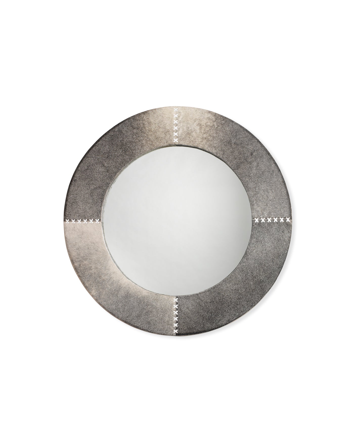 Round Cross Stitch Mirror with Grey Hide Frame - Elegant Home Decor for Living Room, Bedroom, or Entryway
