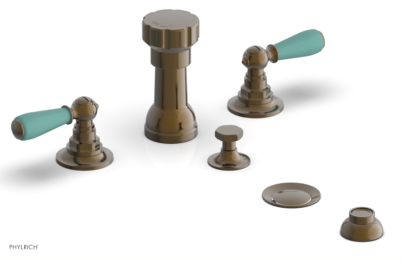 Jamestown Four-Hole Bidet Faucet Set with Lever Handles & Turquoise Accents - 165 61 - Perfect for Modern Bathroom Renovations and Luxury Home Upgrades