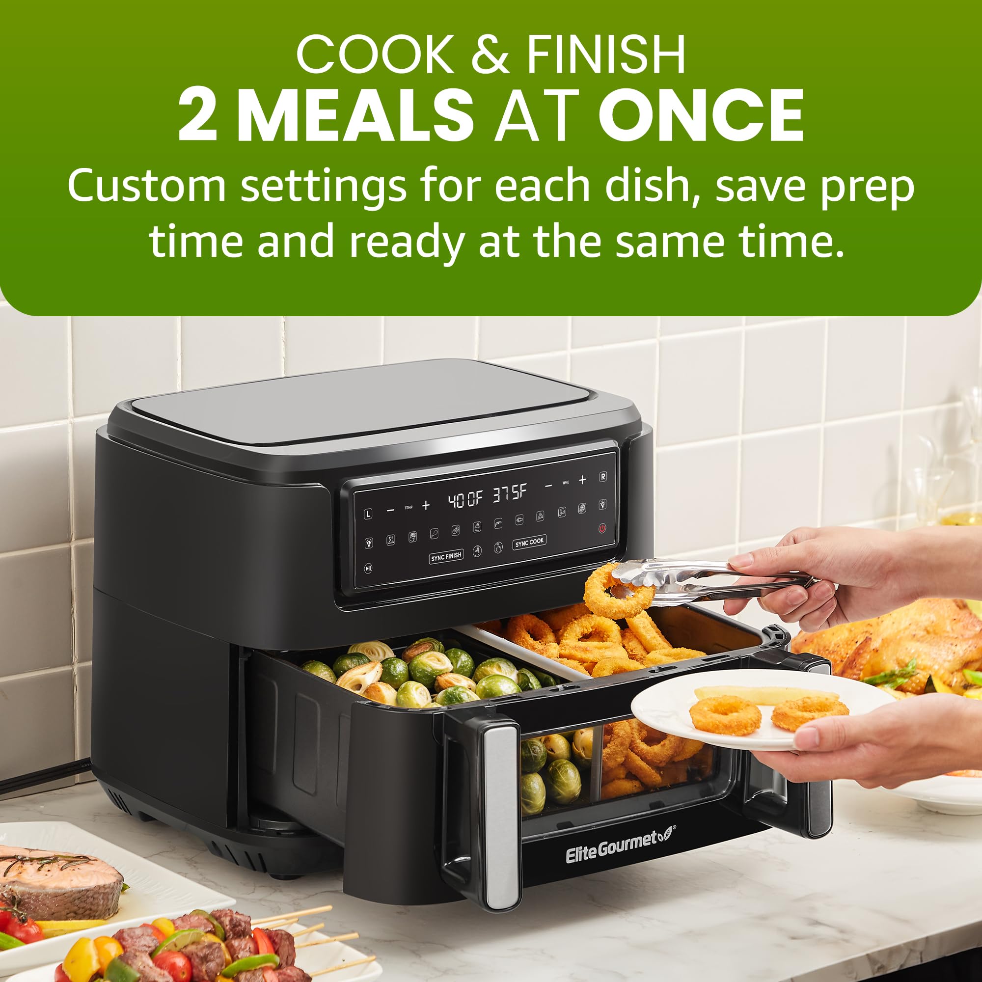 Elite Gourmet EAF1055D 11QT Dual Zone Air Fryer Oven - 2 Independent Cook Zones, Dishwasher Safe Basket, 10 Preset Functions, 1600W - Perfect for Family Meals, Healthy Cooking & Quick Snacks - Includes Recipe Booklet (Black)