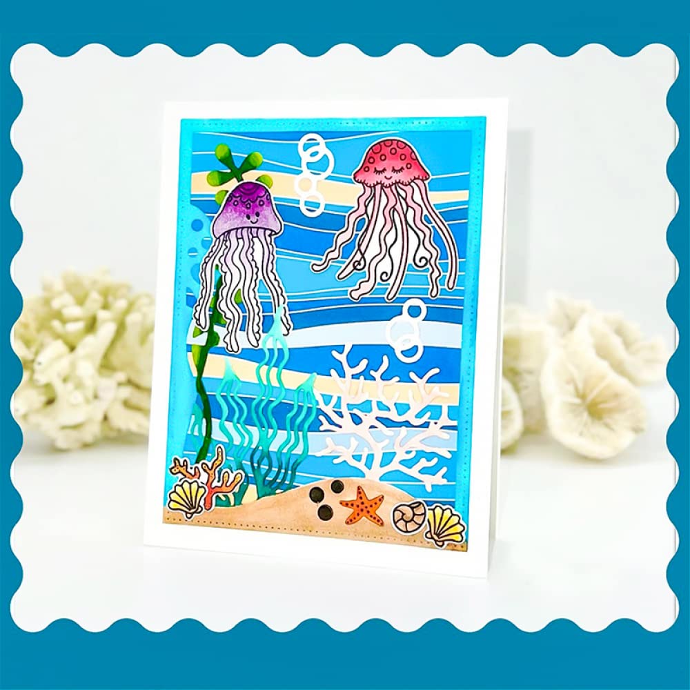 Jellyfish Conch Coral Fish Clear Stamps & Metal Die Cuts Set for Card Making, Scrapbooking DIY - Ocean Theme Paper Crafting Supplies for Invitations, Journals, Greeting Cards