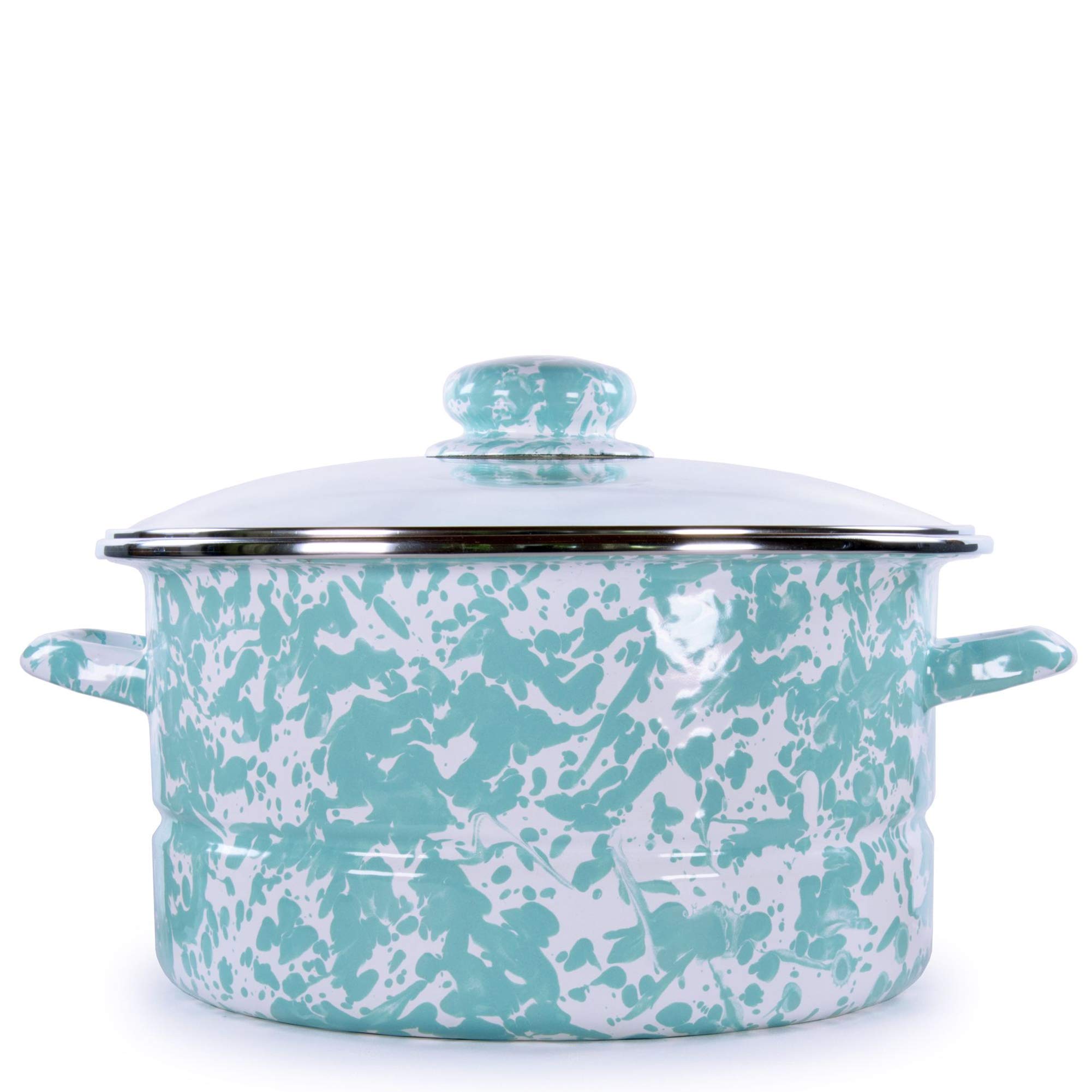 Golden Rabbit Enamelware - 6 Quart Stock Pot with Sea Glass Swirl Design | Durable Enameled Cast Iron Dutch Oven for Soups, Stews & Cooking | Perfect for Stovetop, Oven & Outdoor Camping