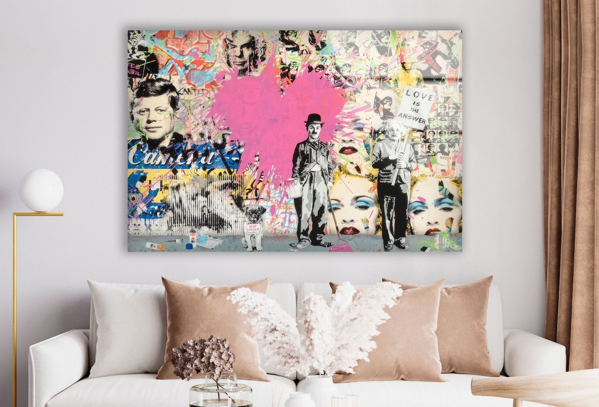 Banksy Charlie Chaplin Street Art Glass Wall Decor - Modern Urban Home & Office Artwork for Living Room, Bedroom, or Office