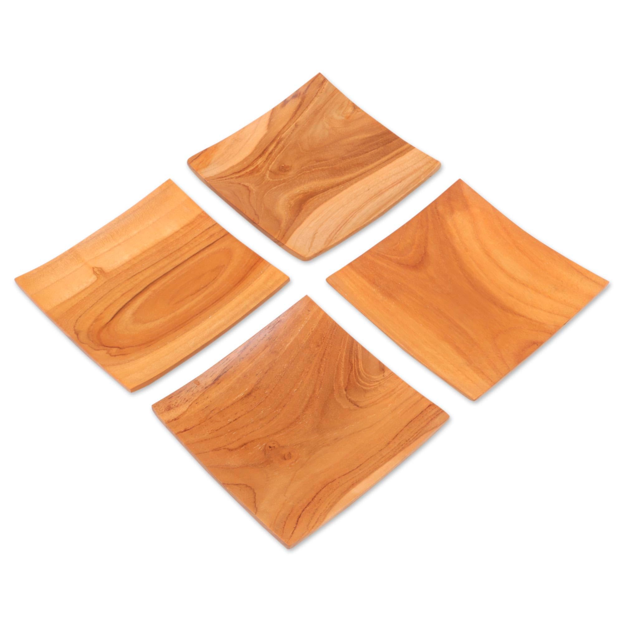 Handmade Teak Wood Square Plates Set of 4 - Natural Brown Bali Artisan Dinnerware for Fine Dining | Eco-Friendly Tableware for Restaurants, Weddings & Home Decor [6x6x1 inch]