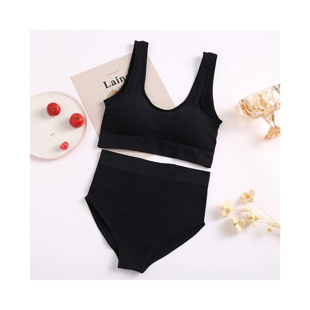 PBLCYUT 2-Pack Women's Seamless Bra & High Waisted Panty Set - Wireless Bralette Lingerie in Soft Cotton (Black, S-M) - Perfect for Everyday Comfort, Yoga & Sleepwear