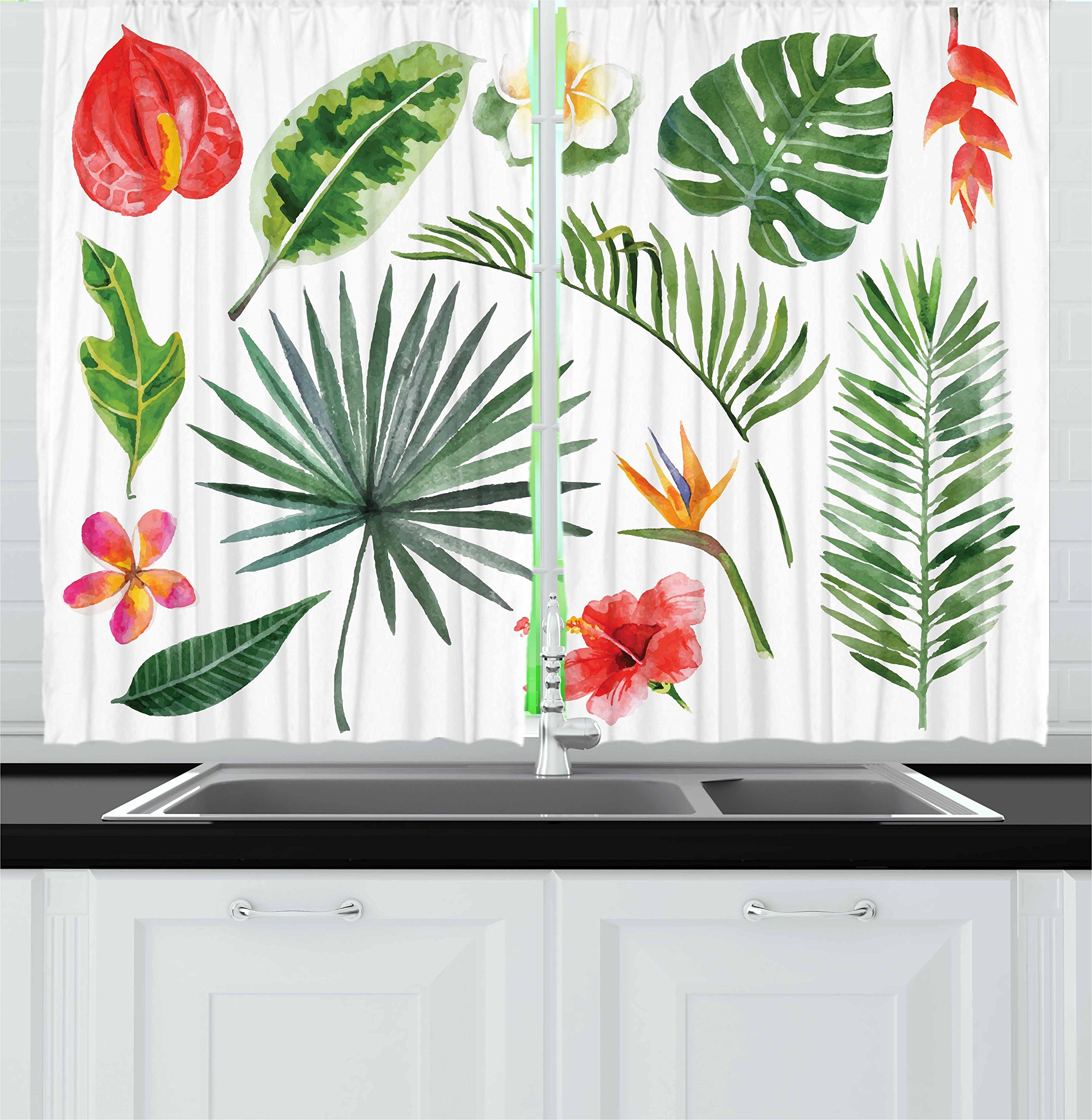 Ambesonne Aloha Kitchen Curtains Set - Tropical Jungle Rainforest Leaves & Blossoms Print, 2 Panel Window Drapes for Kitchen & Cafe Decor, 55