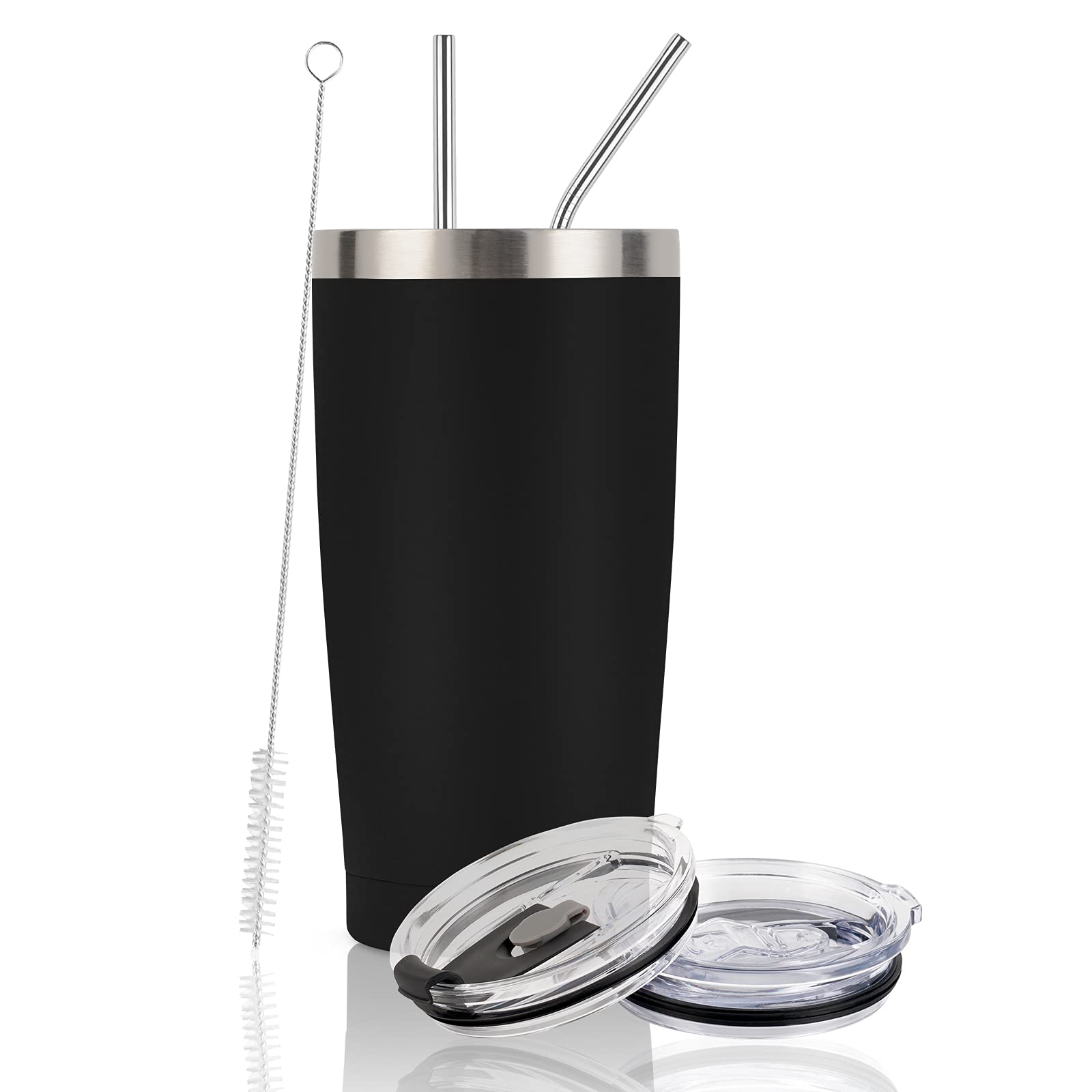 20oz Stainless Steel Vacuum Insulated Travel Tumbler with Lid & Straw - Double Wall Thermal Coffee Mug for Hot & Cold Drinks - Powder Coated Black - Perfect for Office, Commuting, Camping & Outdoor Activities
