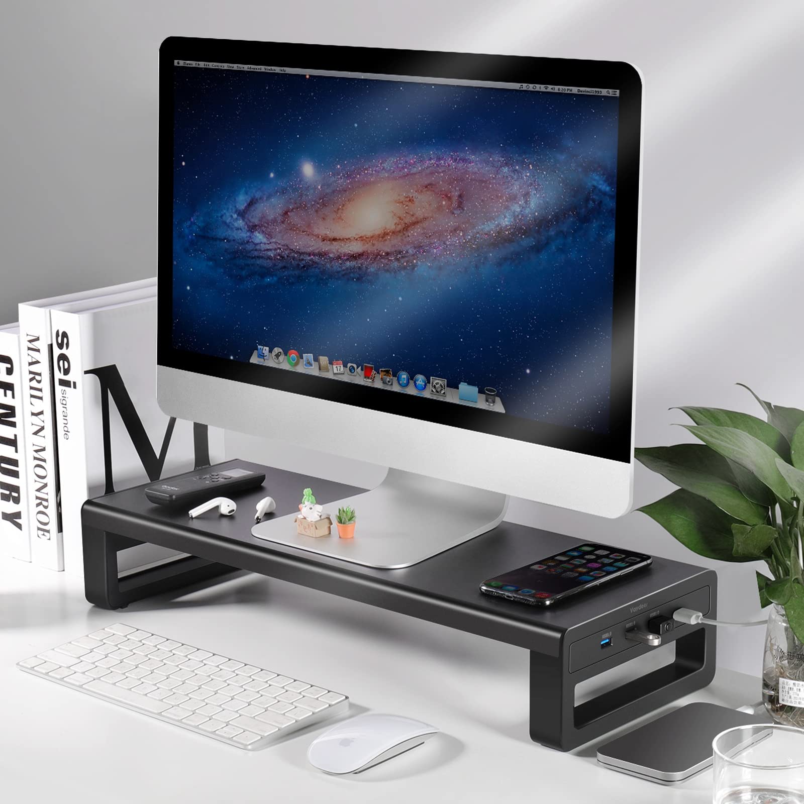 VAYDEER Aluminum Monitor Stand with USB 3.0 Hub - Ergonomic Laptop Riser with Keyboard Storage, Desk Organizer for Computer & Notebook (Fits up to 27