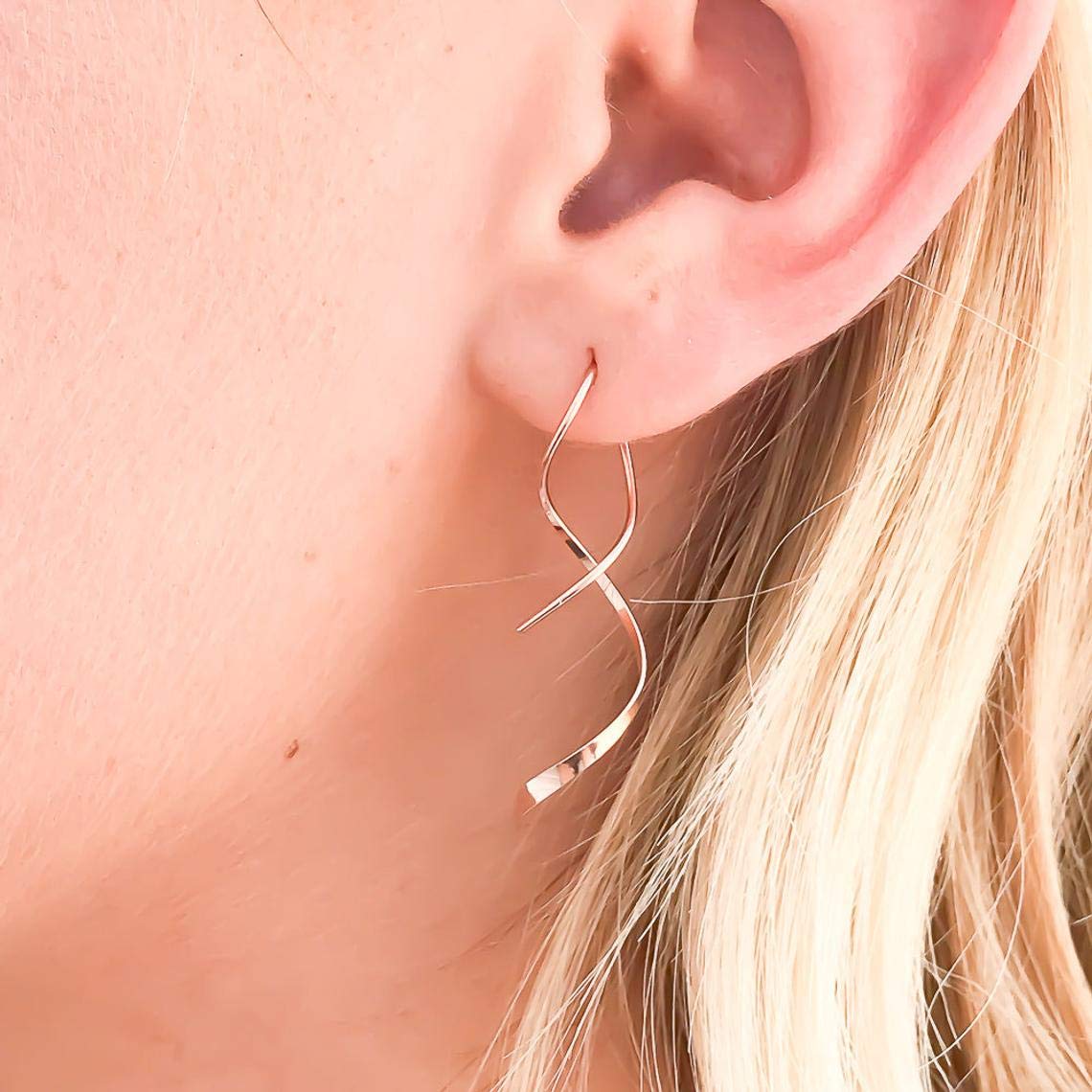 14K Rose Gold Filled Spiral Threader Earrings for Women - 1.5 Inch Hypoallergenic Lightweight Dangle Drop Earrings | Perfect for Weddings, Parties & Everyday Wear