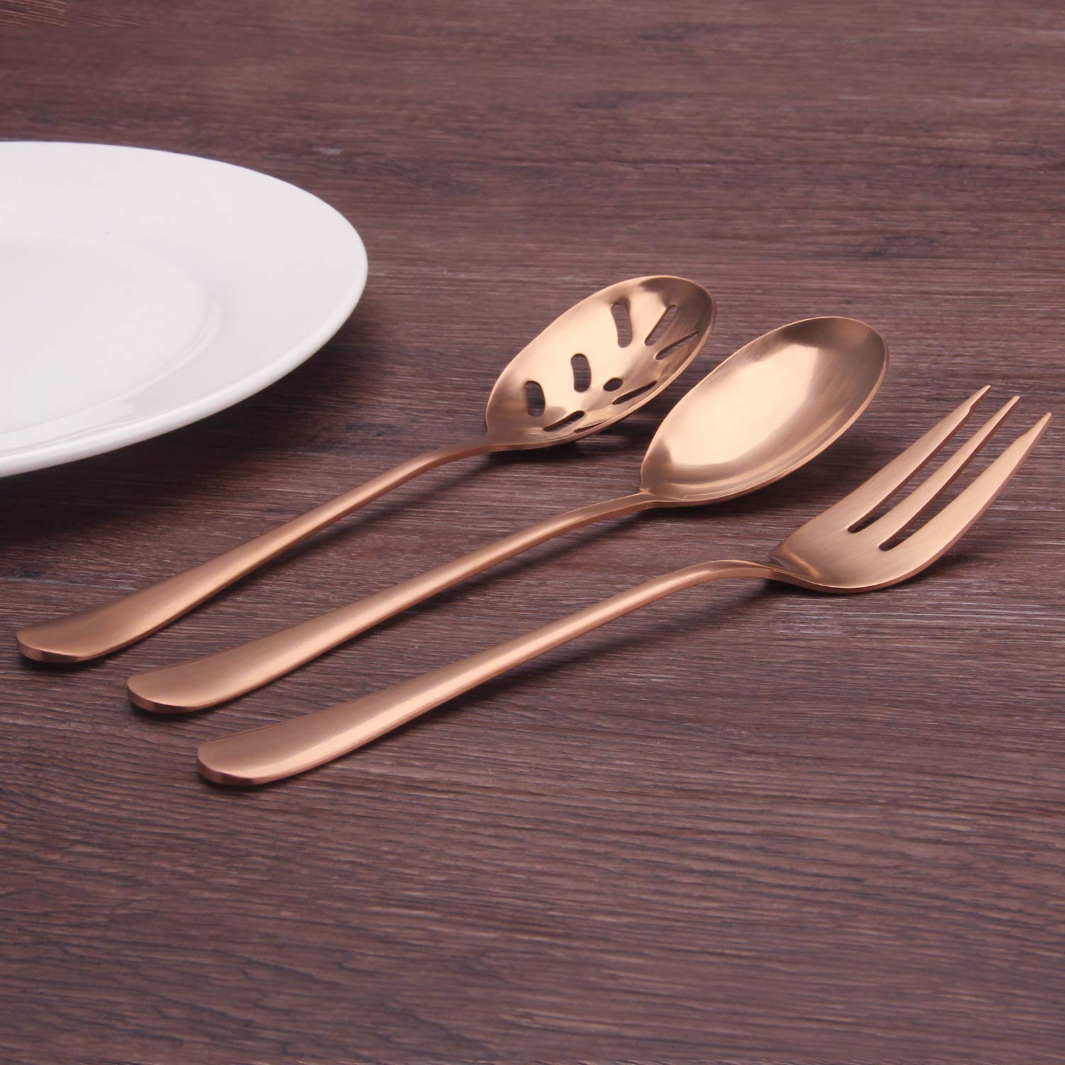 SHARECOOK Matte Rose Gold 5-Piece Stainless Steel Serving Set - 18/0 Hostess Utensils with Round Edge & Satin Finish (Spoons, Forks, Butter Knife & Slotted Spoon) | Dishwasher Safe | Perfect for Dinner Parties, Buffets & Elegant Table Settings