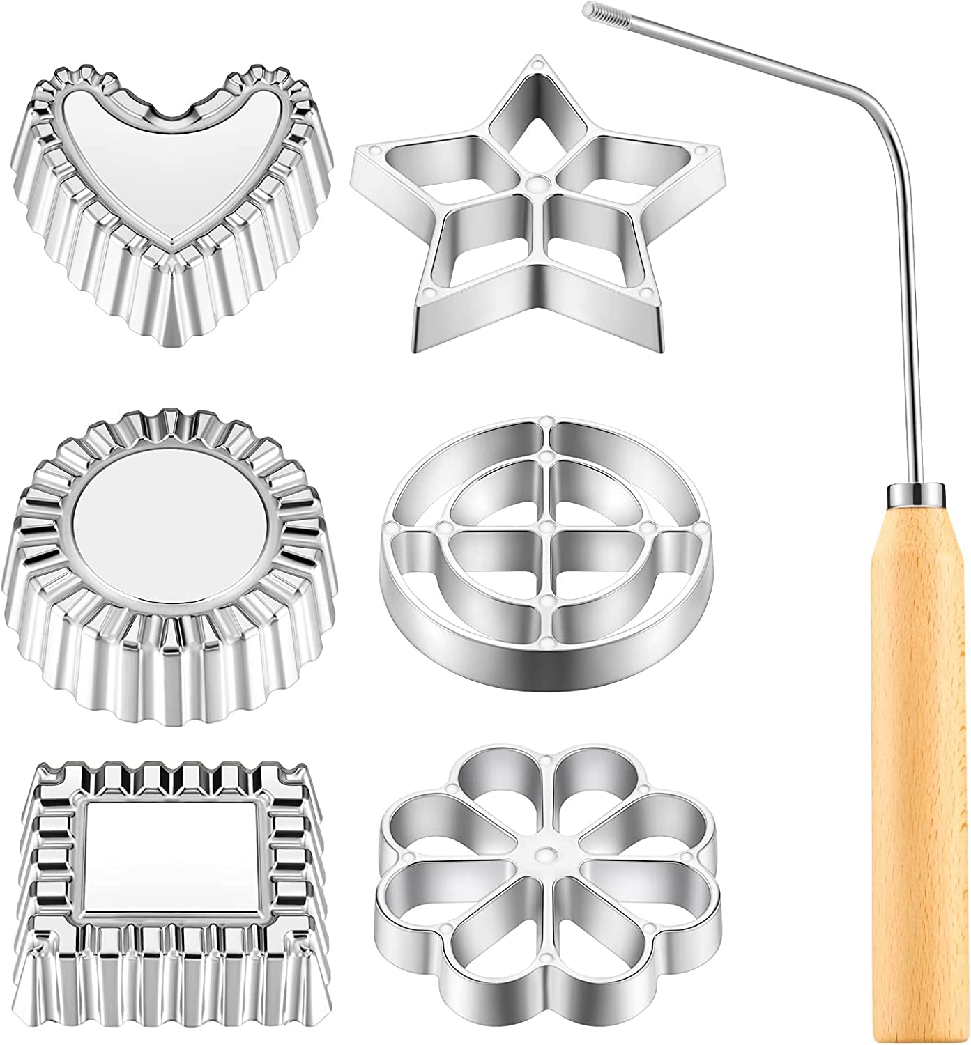 7-Piece Rosette Timbale Set with Handle - Stainless Steel Rosette Iron for Bunuelos, Funnel Cakes & Lotus Flower Cookies - Perfect for Holiday Baking, Party Desserts & European Pastry Making