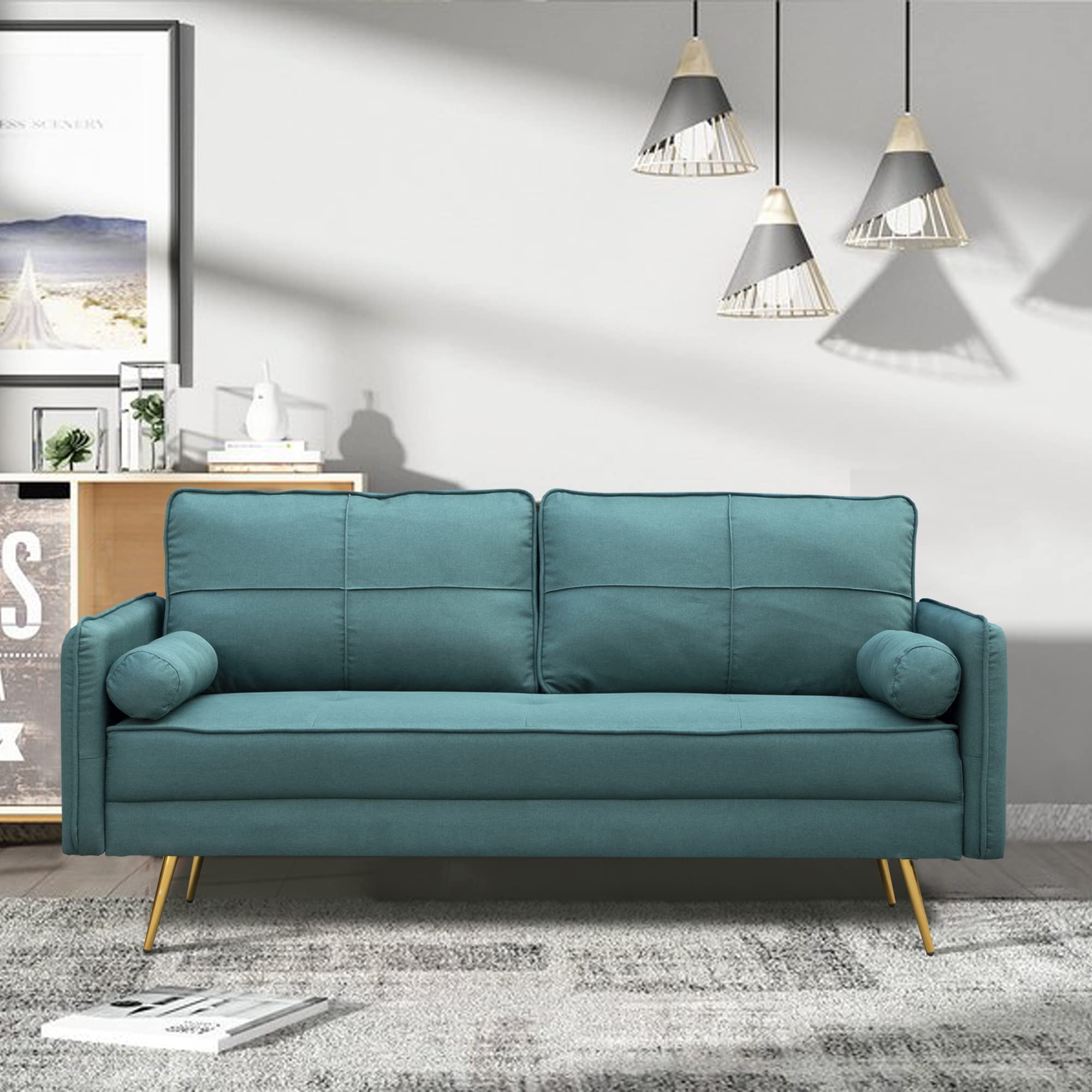 Luxury Modern Velvet Sofa Tufted Couch with Bolsters & Metal Legs - Green Upholstered Loveseat for Living Room, Bedroom, Apartment | Cozy Seating for Relaxing, Entertaining & Small Space Decor