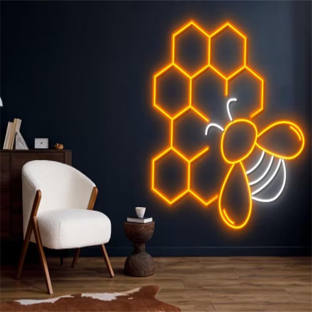 Honey Bee LED Neon Sign - Vibrant Honeycomb Wall Art for Bedroom, Bar & Cafe Decor - Perfect Beekeeper Gift & Unique Home Lighting (43x32.51cm) - Ideal for Birthday Presents, Wedding Decor & Apartment Aesthetics