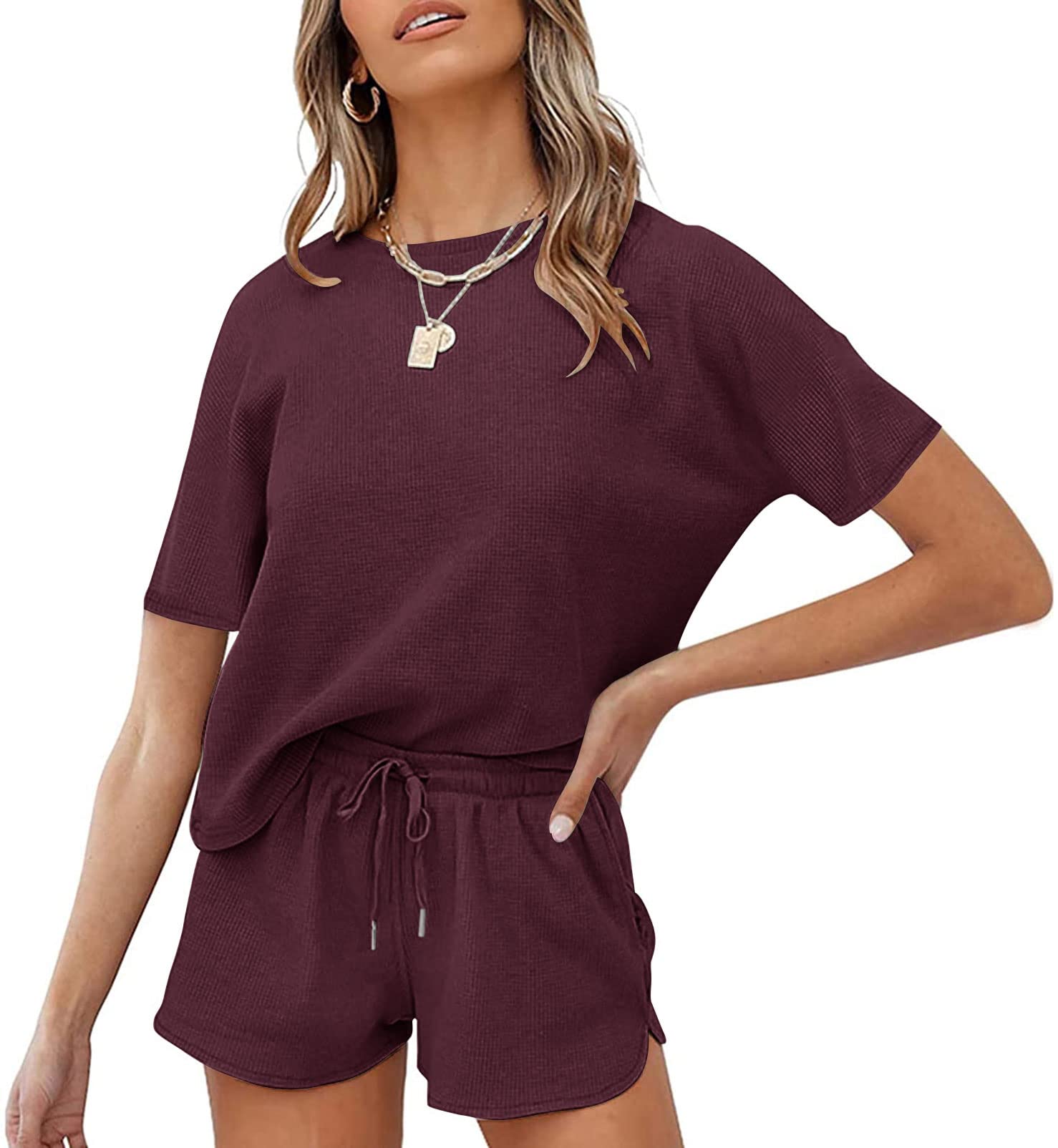 MEROKEETY Women's Short Sleeve Waffle Pajama Set - Soft Lounge Top & Comfortable Shorts 2-Piece Sleepwear for Nightwear, Loungewear & Home Relaxation