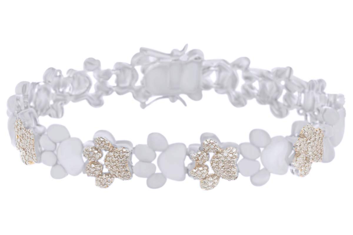 14K Gold Over Sterling Silver Round White Natural Diamond Accent Dog Paw Tennis Bracelet - Perfect for Pet Lovers, Anniversary Gifts & Everyday Elegance