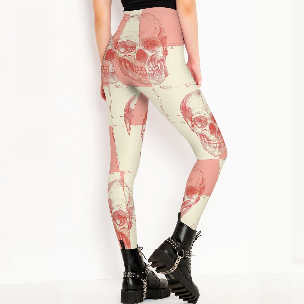 Trendy Peach Skulls Print Leggings for Women - High Waist Yoga Pants, Comfortable Workout Tights for Gym, Running & Casual Wear