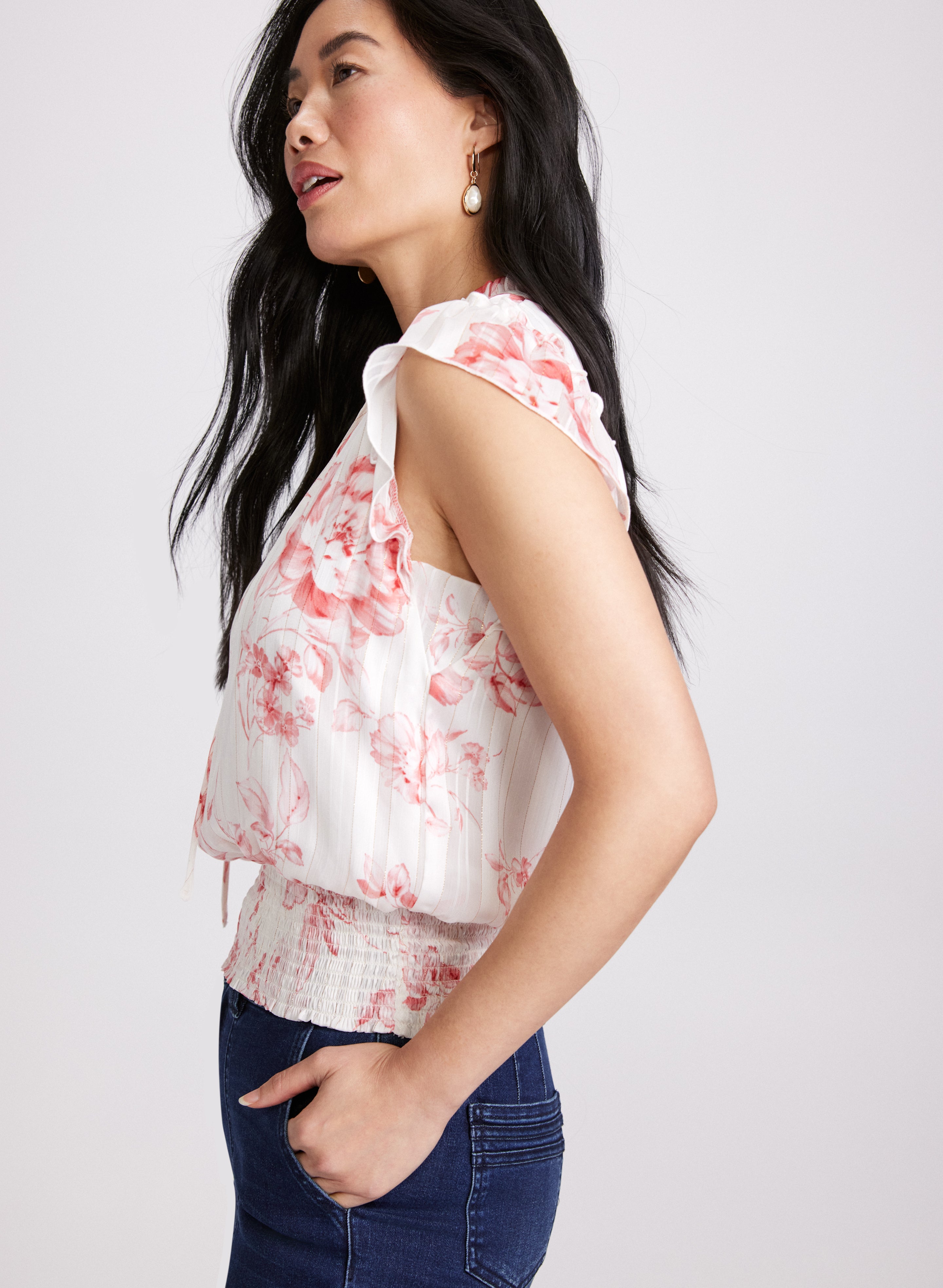 Floral Print Blouse for Women - Elegant Flowy Tops with V-Neck & Short Sleeves - Perfect for Spring, Summer, Office Wear & Casual Outfits