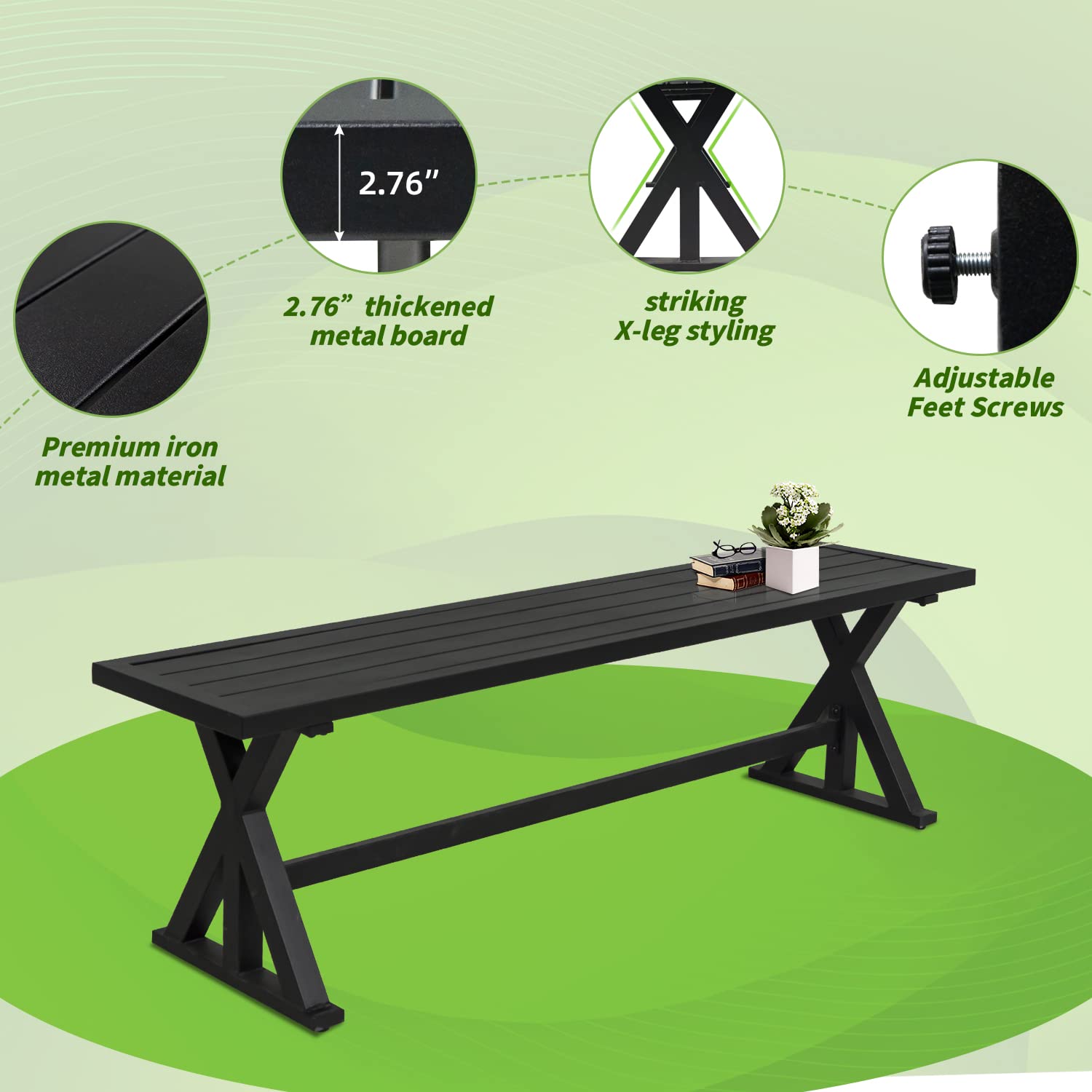 MEOOEM Black Outdoor Patio Bench - Heavy Duty Industrial Garden Bench for Park, Lawn, Lounge & Picnic - Weather Resistant Steel Furniture (61.2