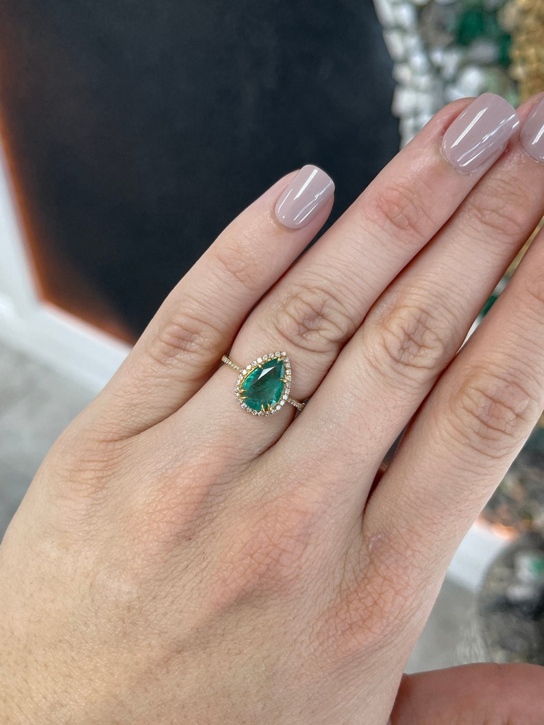 2.23tcw 14K Gold Pear Cut Emerald & Diamond Halo Engagement Ring - Dark Bluish Green Gemstone for Wedding, Proposal & Anniversary Gifts