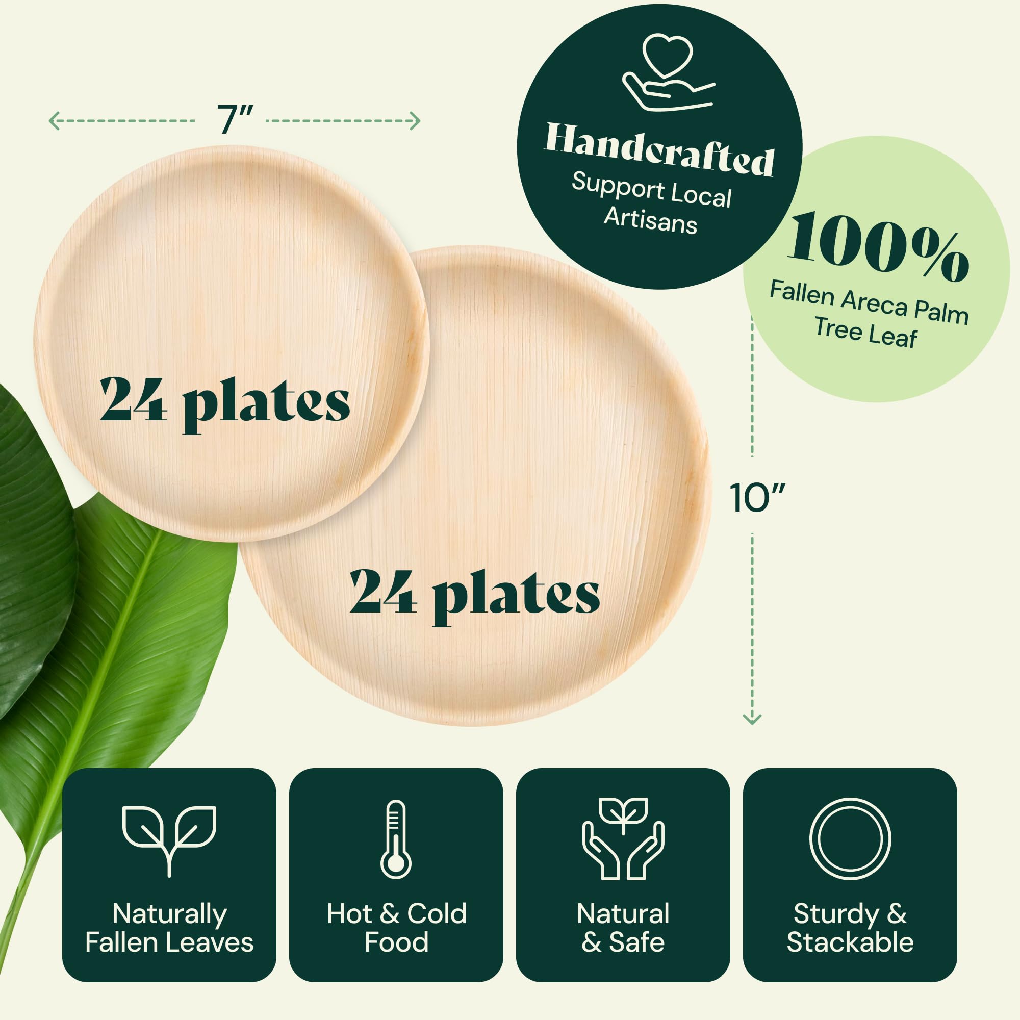 Eco-Friendly Palm Leaf Plates - 10'' & 7'' Biodegradable Disposable Dinnerware Set of 48 - Perfect for Wedding Receptions, Birthday Parties, and Outdoor Events