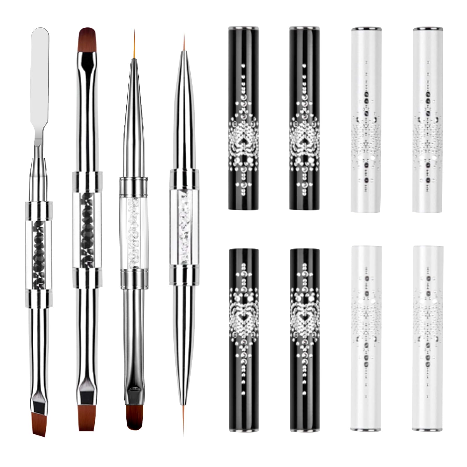 4pcs Dual-Ended Professional Nail Art Brushes - Builder Gel Brush & French Tip Liner with Rhinestone Handle for Hard Gel, Manicure & Nail Design | Perfect for Salon, Home DIY & Professional Nail Artists