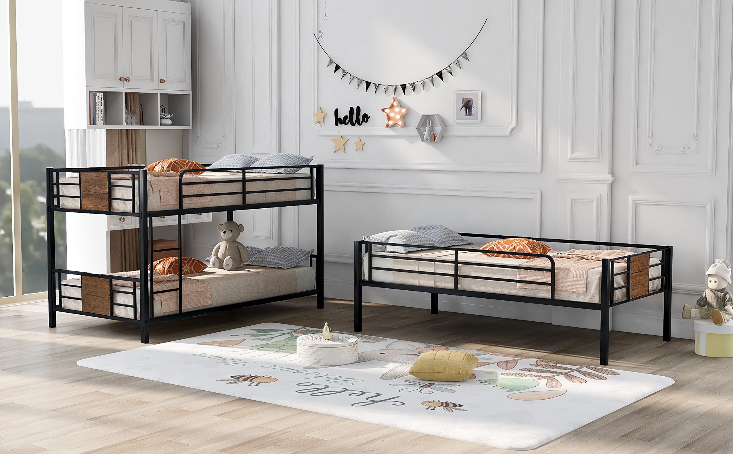 Sturdy Metal Triple Bunk Bed Frame - Twin Over Twin Over Twin with Safety Guardrails & Built-in Ladder - Space-Saving Solution for Kids & Teens (Black/Brown/Steel) - Perfect for Dorms, Hostels, and Shared Kids' Rooms