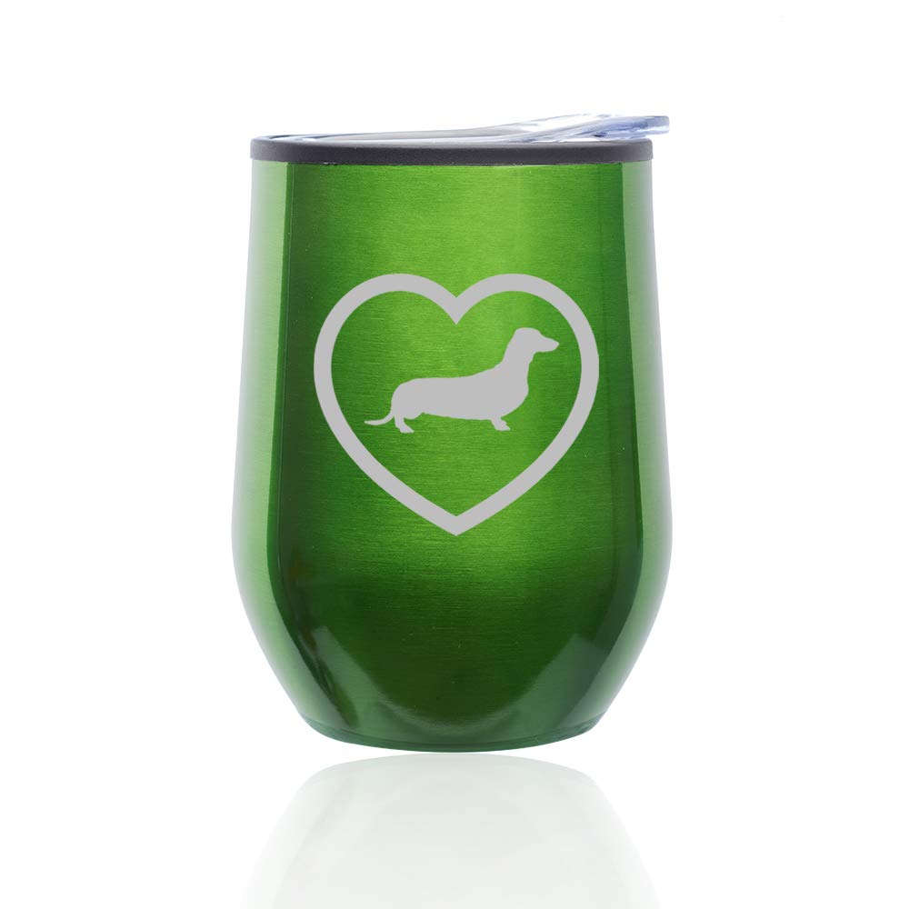 Stemless Wine Tumbler with Lid - 12oz Insulated Coffee Travel Mug, Dachshund Heart Design Glass Cup for Hot & Cold Drinks - Perfect for Home, Office, Picnics & Gifts (Green)