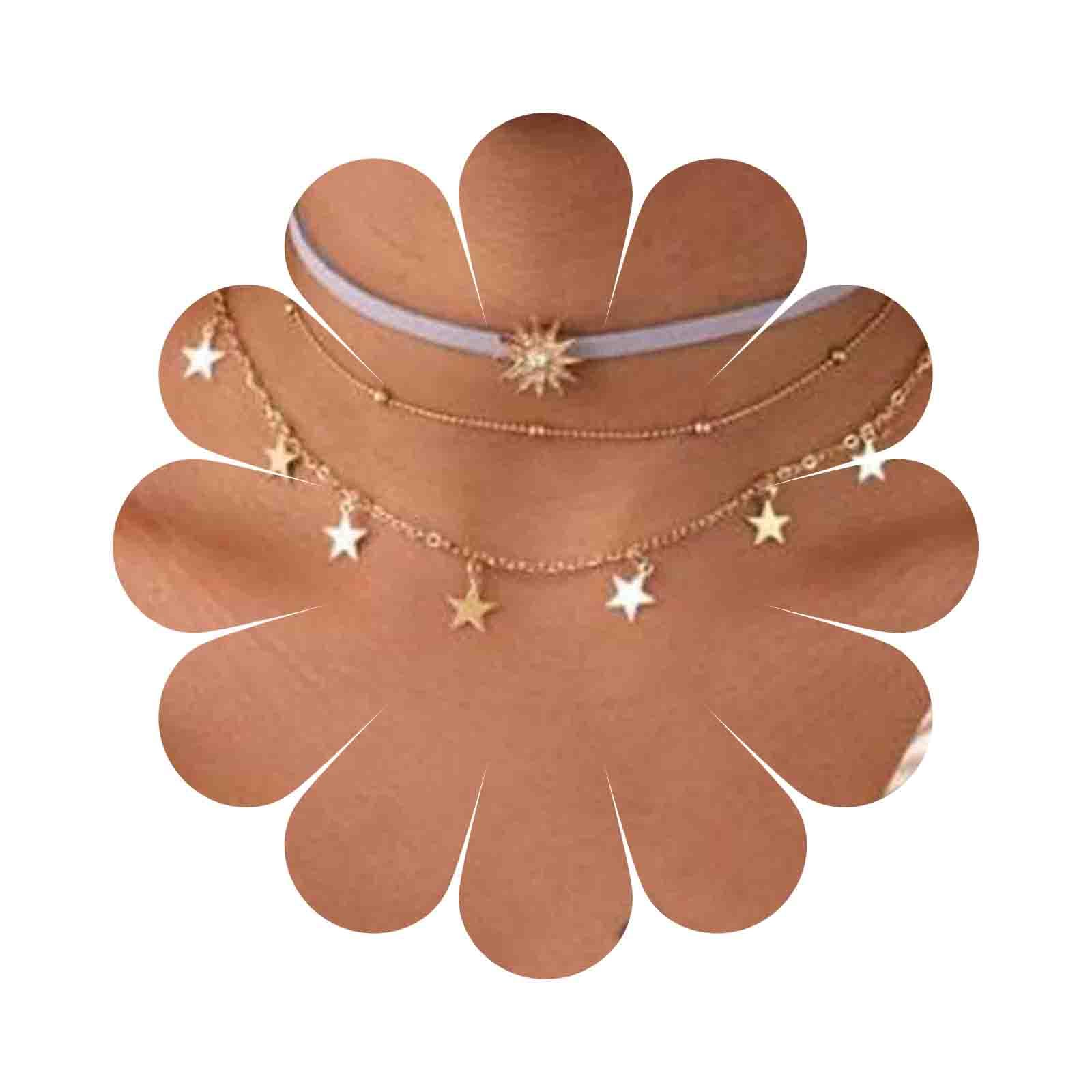 Boho Layered Star Choker Necklace - Micro Pave Sun Velvet Choker with Vintage Multi-Layered Chain - Celestial Jewelry for Women | Perfect for Music Festivals, Date Nights & Boho Fashion