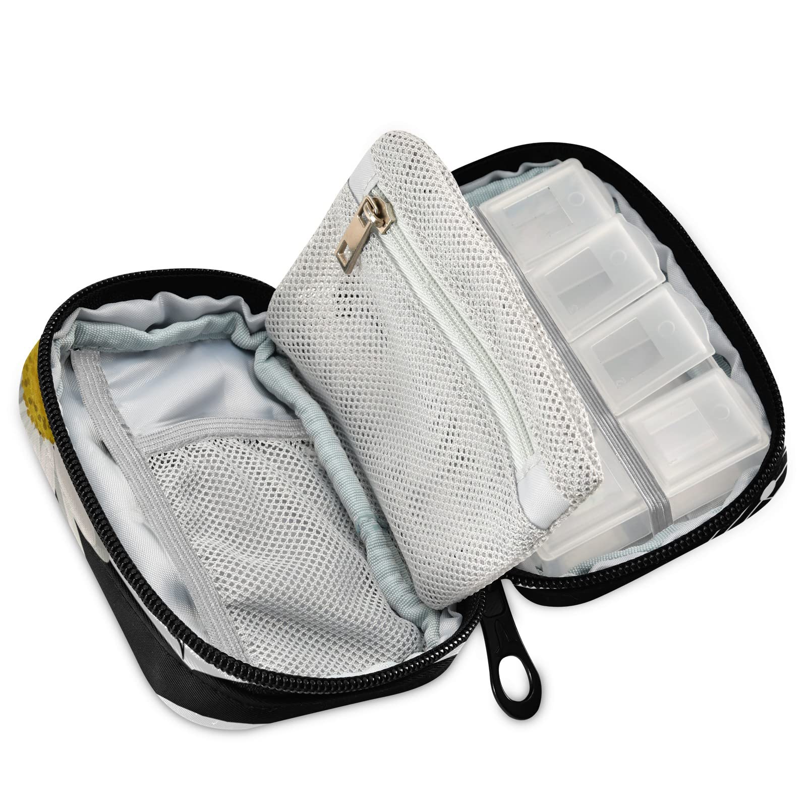 7-Day Travel Pill Organizer with Zipper - White Daisies & Black Stripes Design - Compact Weekly Pill Case for Vitamins, Supplements & Medications - Perfect for Home, Office & Travel Use