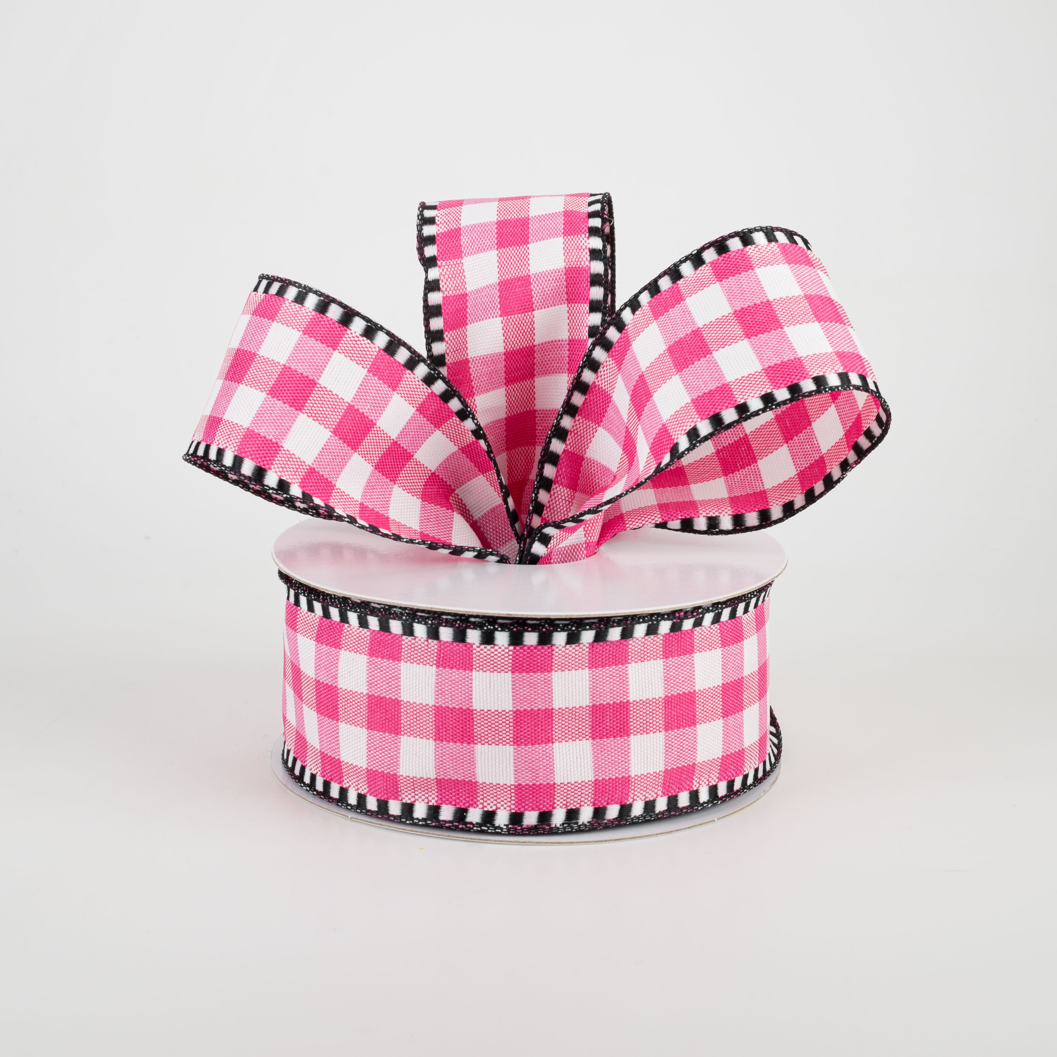 1.5 Inch Dashed Edge Check Plaid Ribbon - Fuchsia and White 10 Yards Bulk Roll for Gift Wrapping, DIY Crafts, Scrapbooking, Hair Bows and Party Decorations