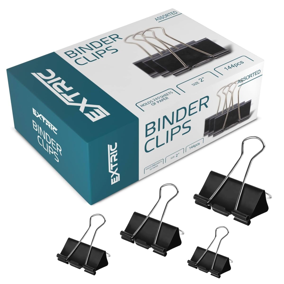 144-Pack Assorted Size Binder Clips Set - Large, Medium, Small & Mini Paper Clamps (36 Each) - Black Office Supplies for Organizing Documents at Home, School or Workplace