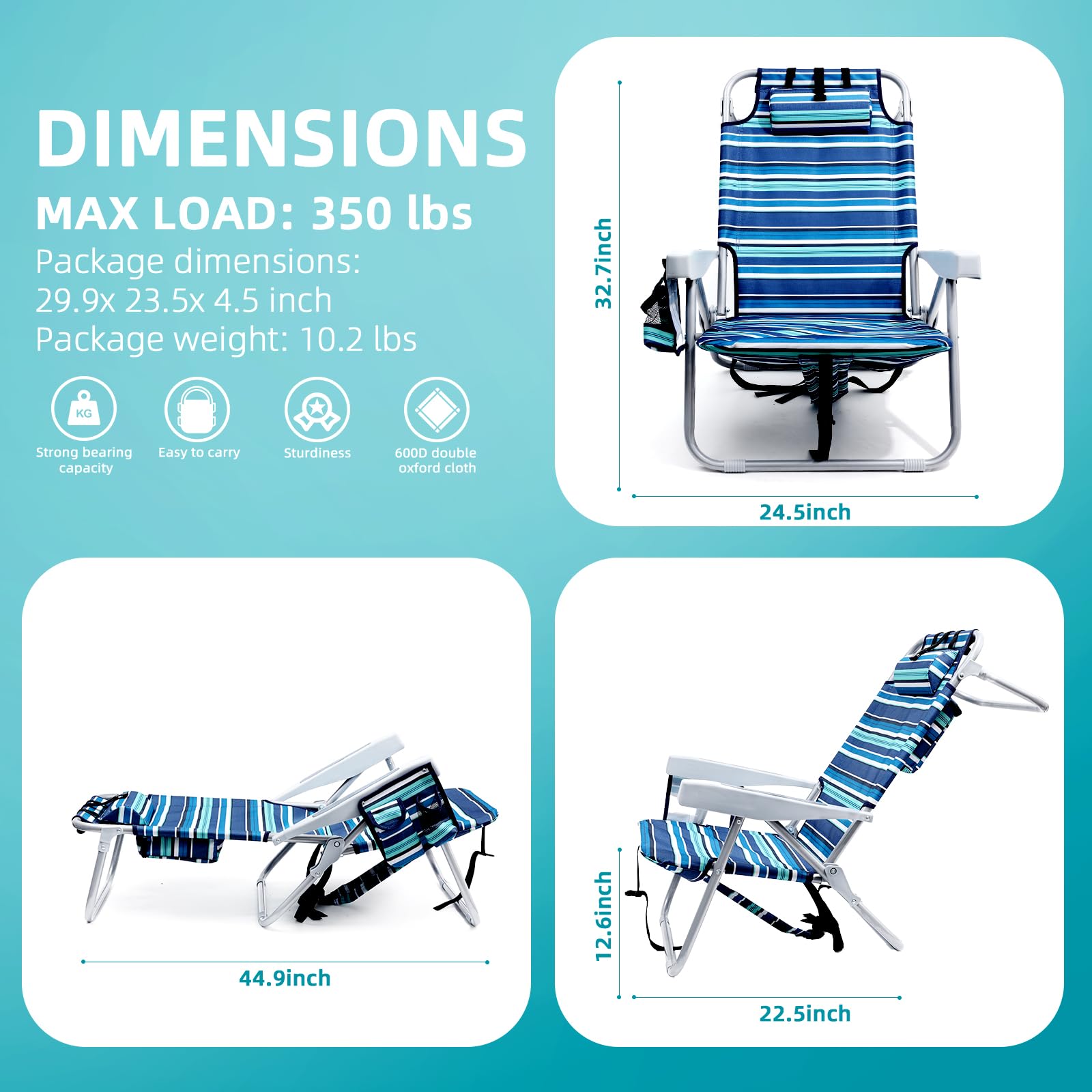 Heavy Duty Beach Chairs for Adults - Portable Folding Chair with Backpack Straps & Large Cooler Pouch, Supports 350LBS - Compact Lay Flat Design (Blue & Cyan Stripes) - Perfect for Beach, Camping, Picnics and Outdoor Relaxation