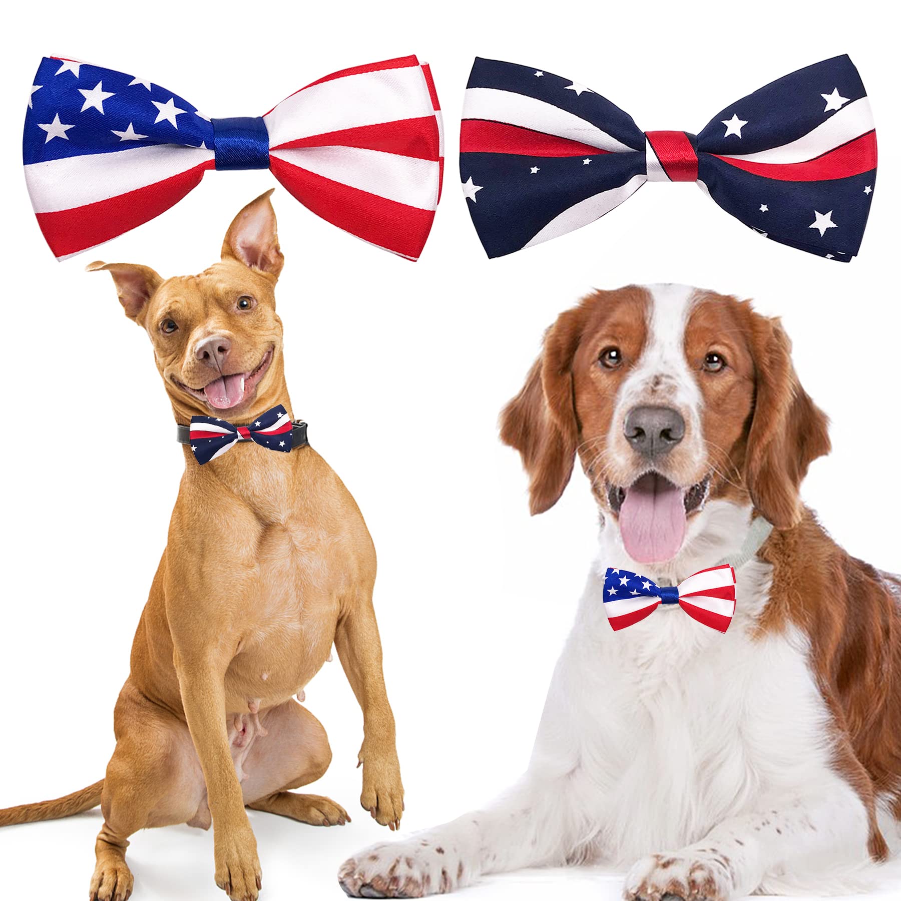 2pcs Patriotic US Flag Dog Bow Ties - Large Adjustable Collar Bowtie Attachment for Medium & Big Dogs - Perfect for Independence Day, July 4th, June 14 Celebrations, Holiday Parties & Grooming Accessories - Great for Patriotic Events, Pet Shows & Photo Shoots