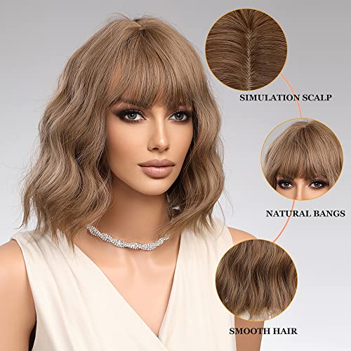 Short Wave Ash Blonde Bob Wigs With Bangs - Natural Looking Synthetic Hair for Cosplay & Daily Wear