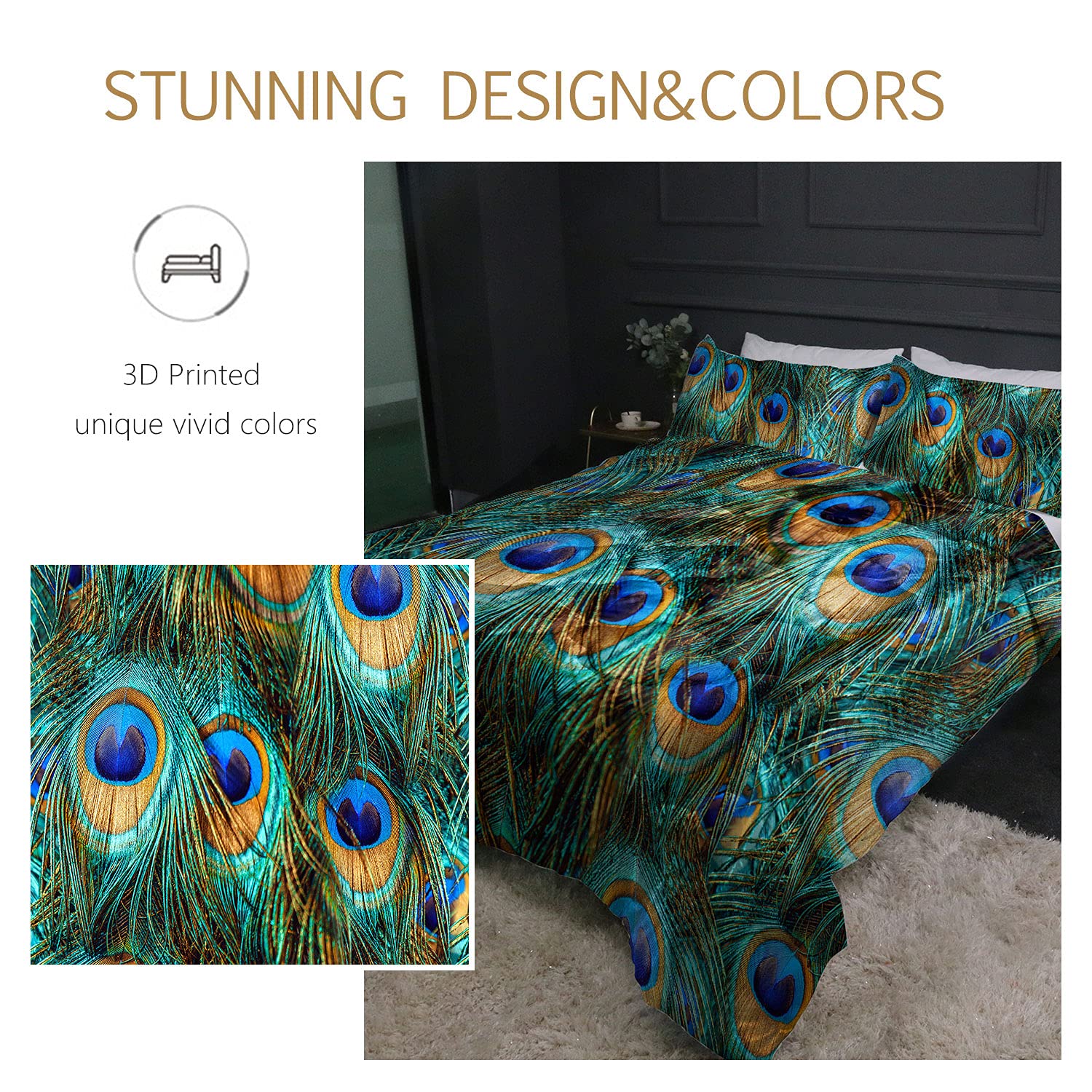 BlessLiving Peacock Feather Satin Comforter Set 3-Piece King Size - Aqua Blue & Turquoise Silky Bedding with Sparkly Bird Design | Luxurious Bedroom Decor for Master Suite, Guest Room & Bohemian Style Homes
