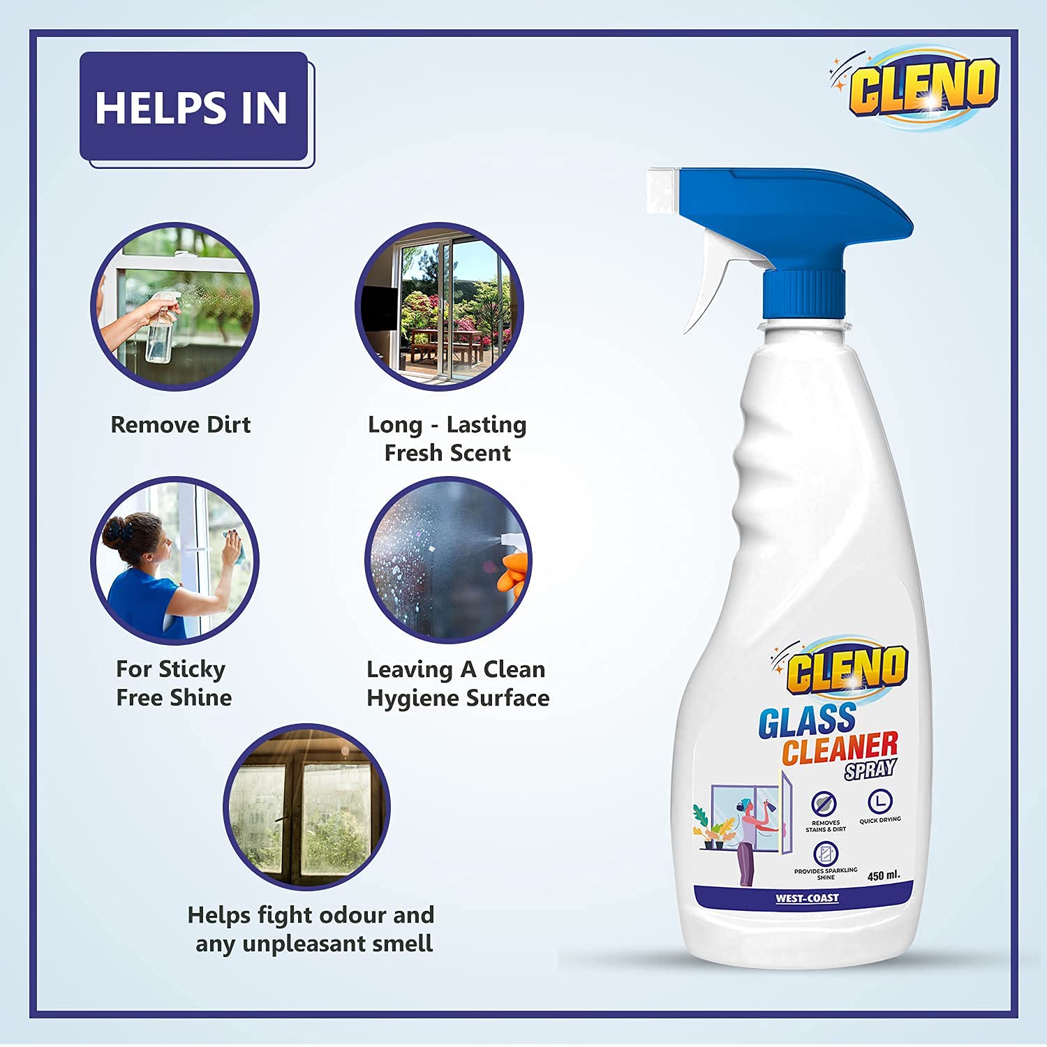 Cleno Glass Cleaner Spray - 450ml Ready to Use for Tabletops, Mirrors, Windows, Fridge, Oven, Kitchen Cabinets & Car Glass | Streak-Free Shine for Home, Office & Automotive Use