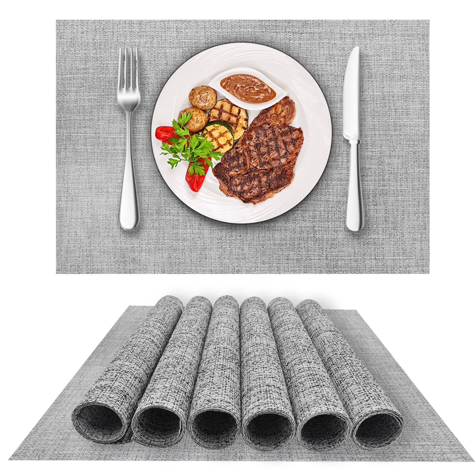 6-Piece Woven Vinyl Placemats Set - Waterproof & Washable for Indoor/Outdoor Use - Smoky Grey Table Mats for Dining, Patio, Picnic & Kitchen Decor