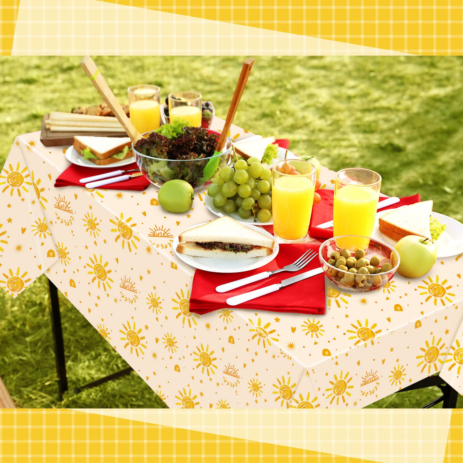 Jetec 4-Pack Boho Sun Birthday Party Tablecloths - 51.2 x 86.6 Inch Rectangular Plastic Table Covers for First Birthday, Baby Shower & Outdoor Celebrations - Sun-Themed Party Decorations Supplies