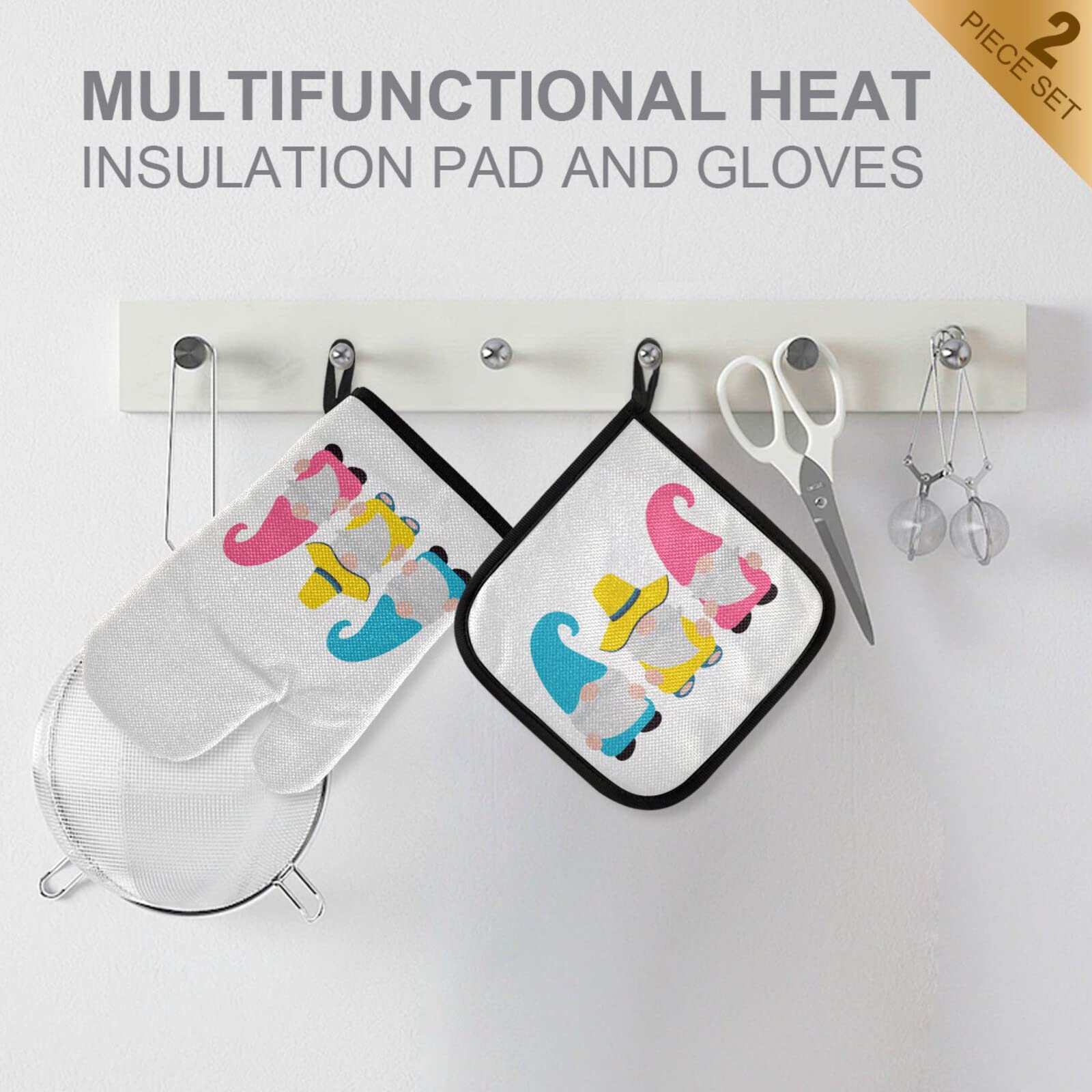 Summer Gnome Oven Mitts and Pot Holders Set of 2 - Heat Resistant Kitchen Gloves with Soft Cotton Lining, Non-Slip Grip for Baking, Cooking, BBQ - Yellow, Pink, Blue Spring Colors - Perfect for Home Kitchen, Outdoor Grilling & Holiday Gift Giving