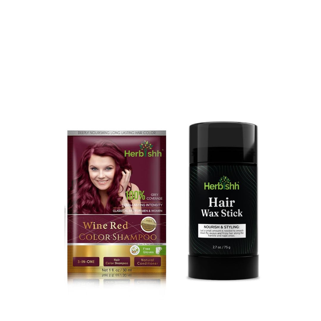 Herbishh Wine Red Hair Color Shampoo for Gray Coverage - Permanent Natural Hair Dye with Hair Wax Stick for Women & Men - At-Home Hair Coloring for Vibrant, Long-Lasting Color