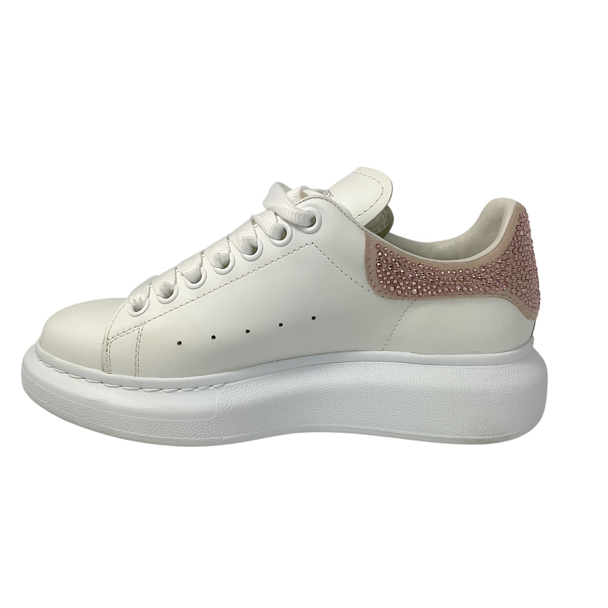 Alexander McQueen White & Pink Crystal Embellished Leather Sneakers with Exaggerated Sole - Luxury Fashion Shoes for Women, Perfect for Parties, Weddings & Special Occasions