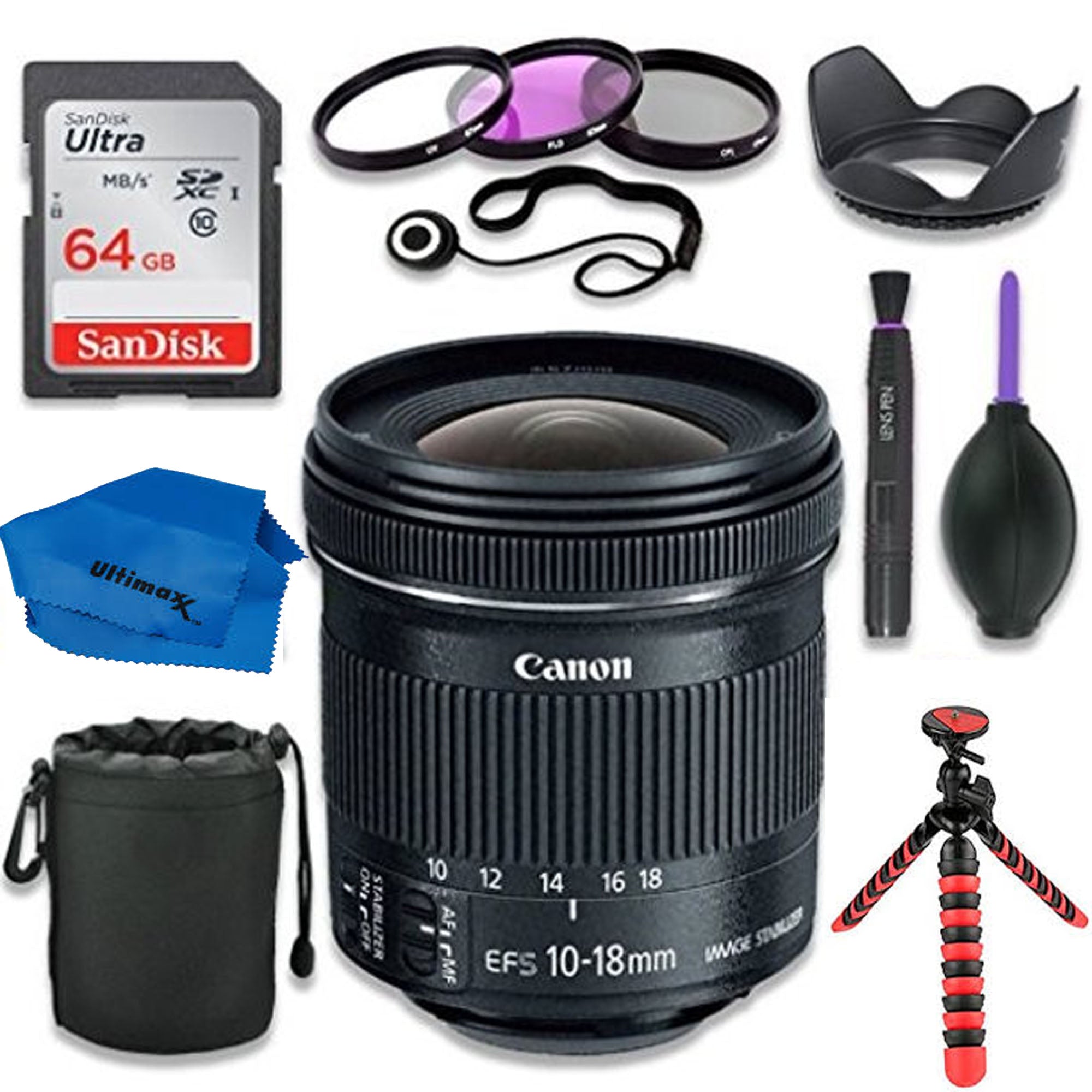 Canon EF-S 10-18mm f/4.5-5.6 IS STM Wide-Angle Zoom Lens with SanDisk 64GB Class 10 SD Card - Compatible with Canon DSLR Cameras for Travel, Landscape & Architectural Photography