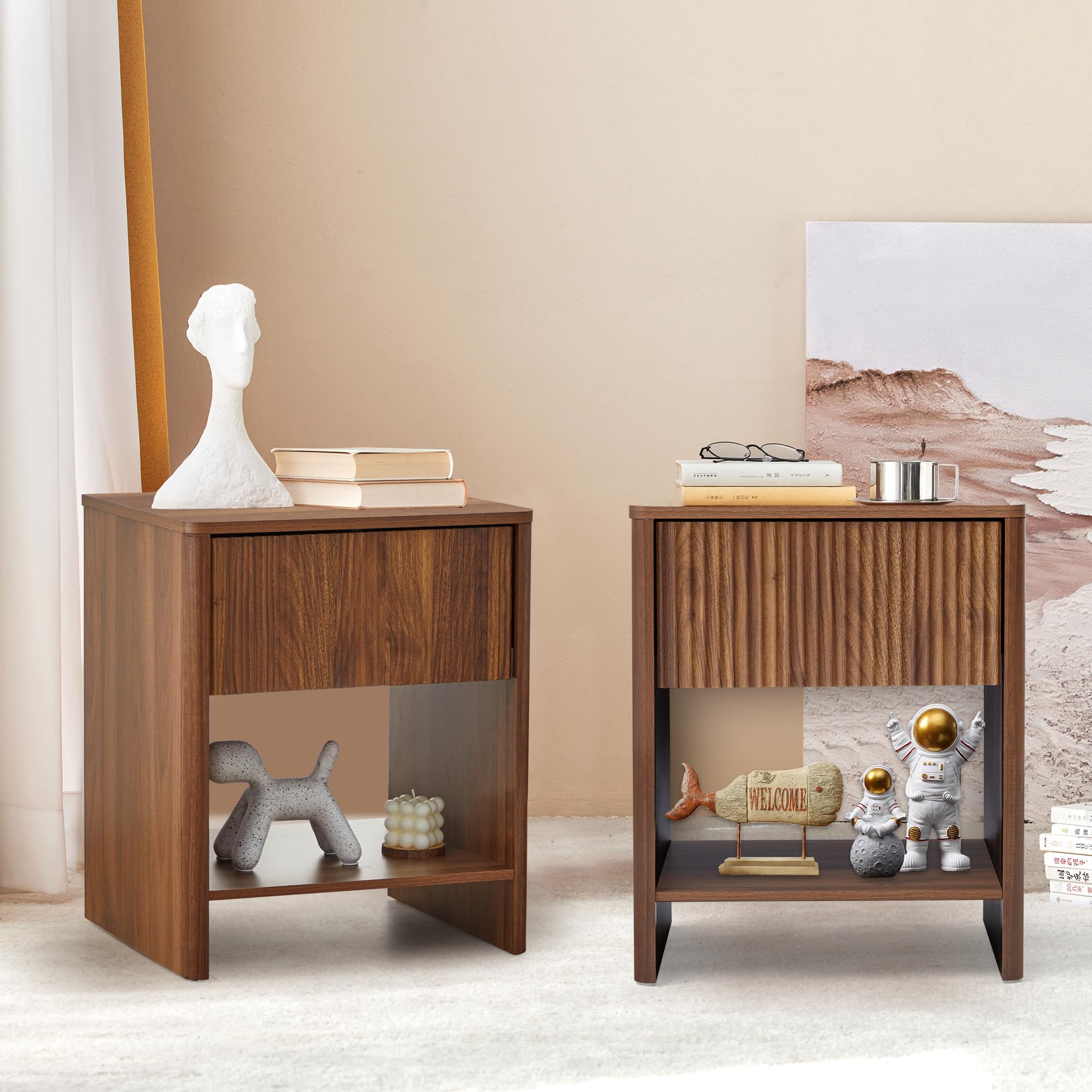 Vintage Mid Century Modern Nightstand Set of 2 with Drawers - Farmhouse Bedside Tables for Small Spaces, Wooden End Tables with Storage for Bedroom & Living Room - Perfect for Apartments, Dorms and Guest Rooms