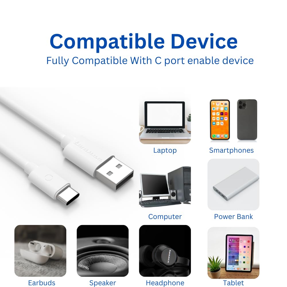 Twance PVC Fast Charging Type C to USB Cable (White, 1m) - 65W/3.1A 480Mbps Data Sync & Quick Charge - Durable USB-C Cable for Smartphones, Tablets & Laptops - Perfect for Home, Office & Travel Charging